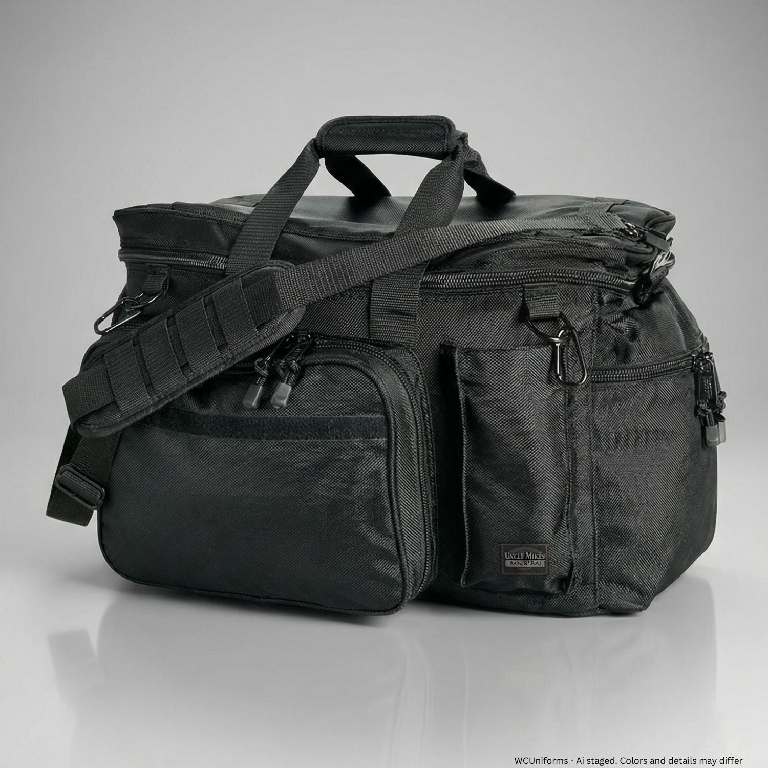 Black tactical bag on a gray background