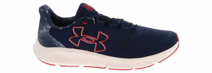 Under Armour Charged Pursuit 3 Freedom Men's Shoe in navy with red accents and breathable mesh upper, perfect for running and athletic activities.