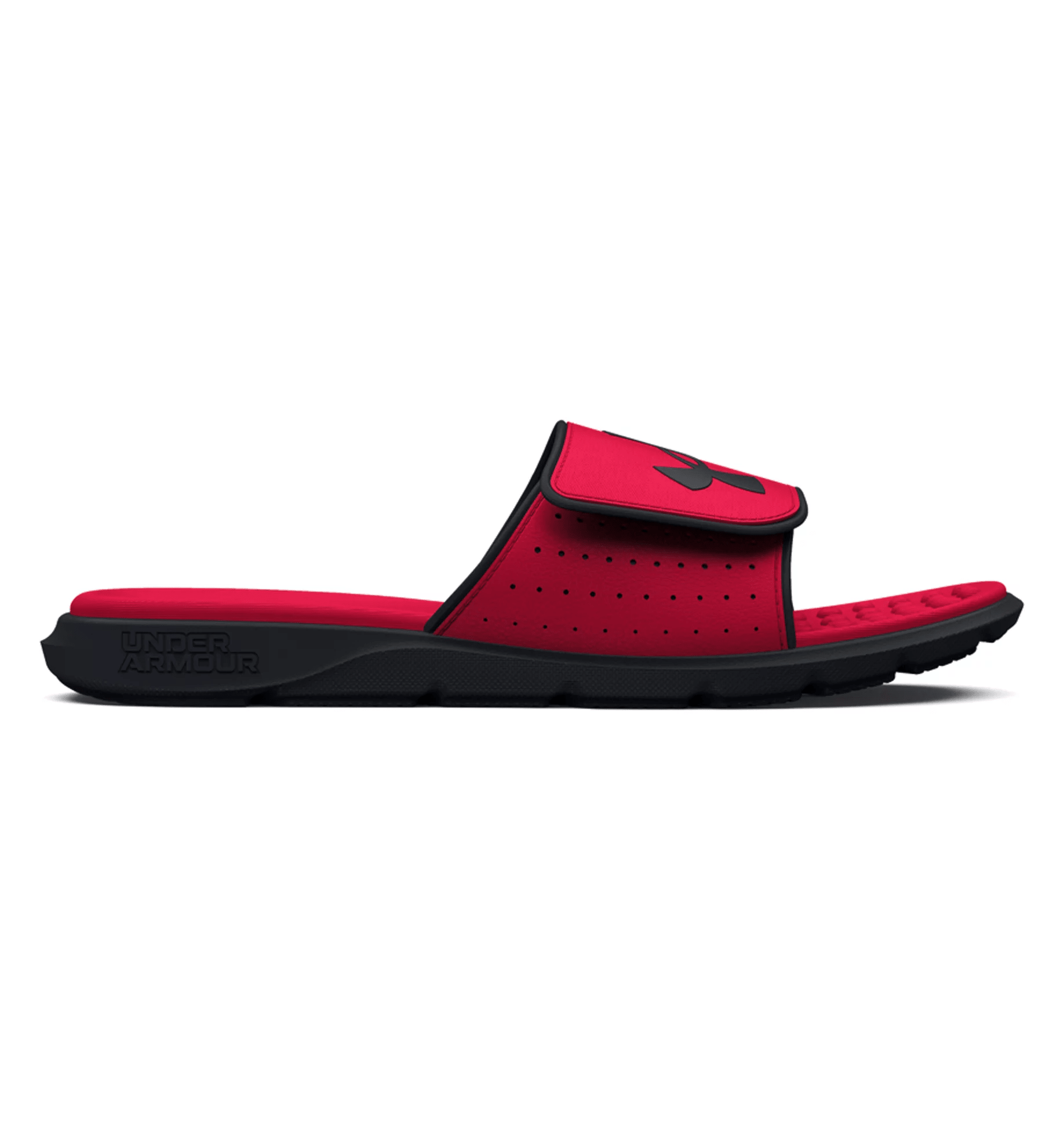 Under Armour UA Ignite Pro Slides in red with adjustable strap, featuring memory foam and breathable design for ultimate comfort.