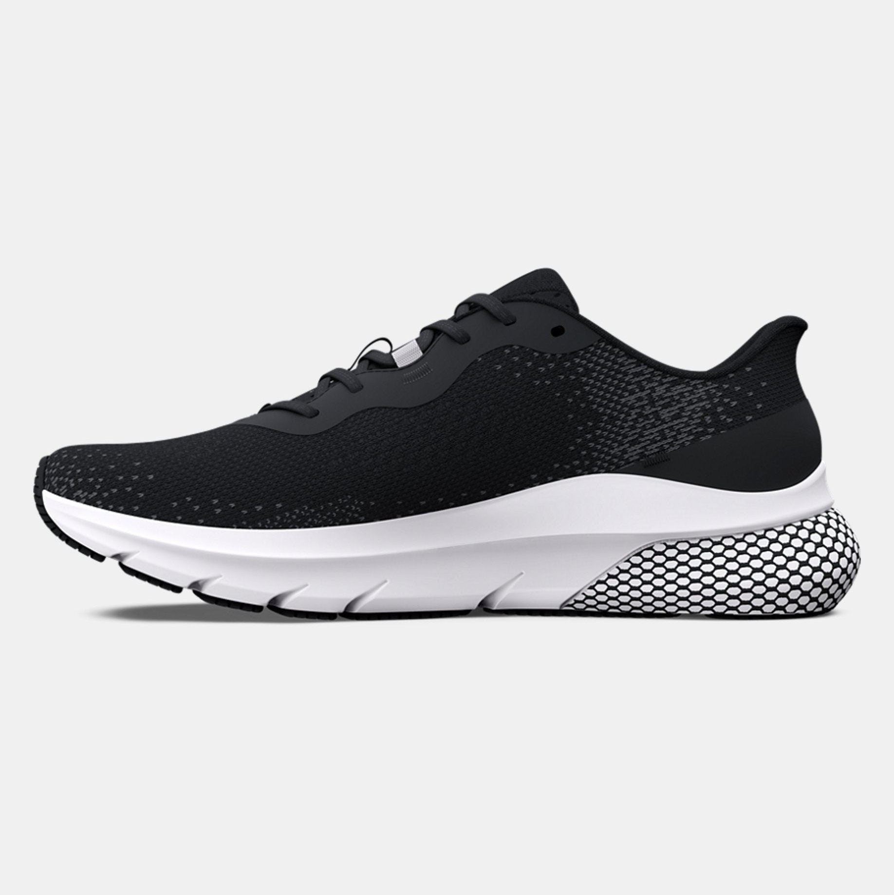 Black running shoe with white sole on a light gray background