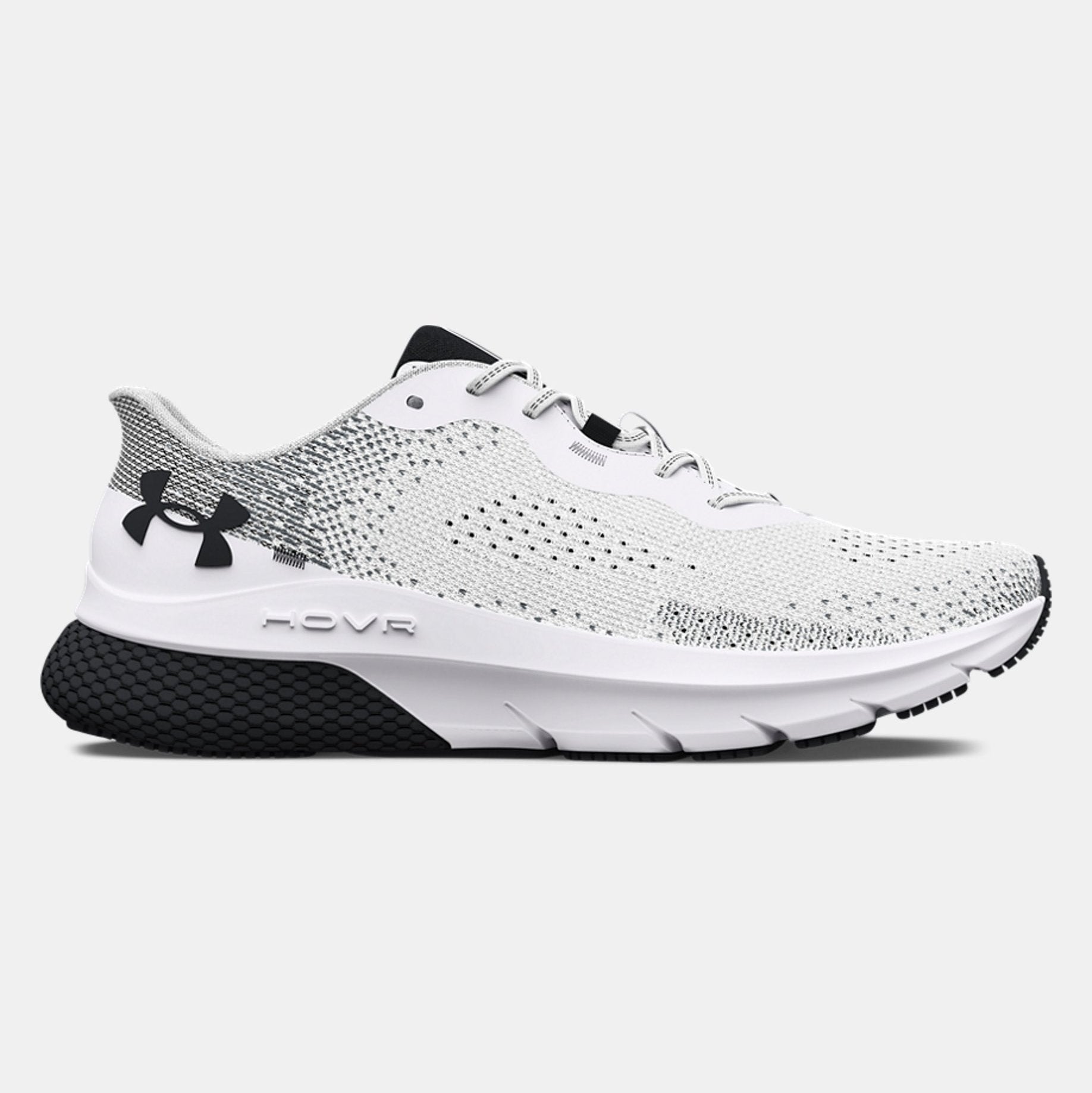 White running shoe with black accents on a white background