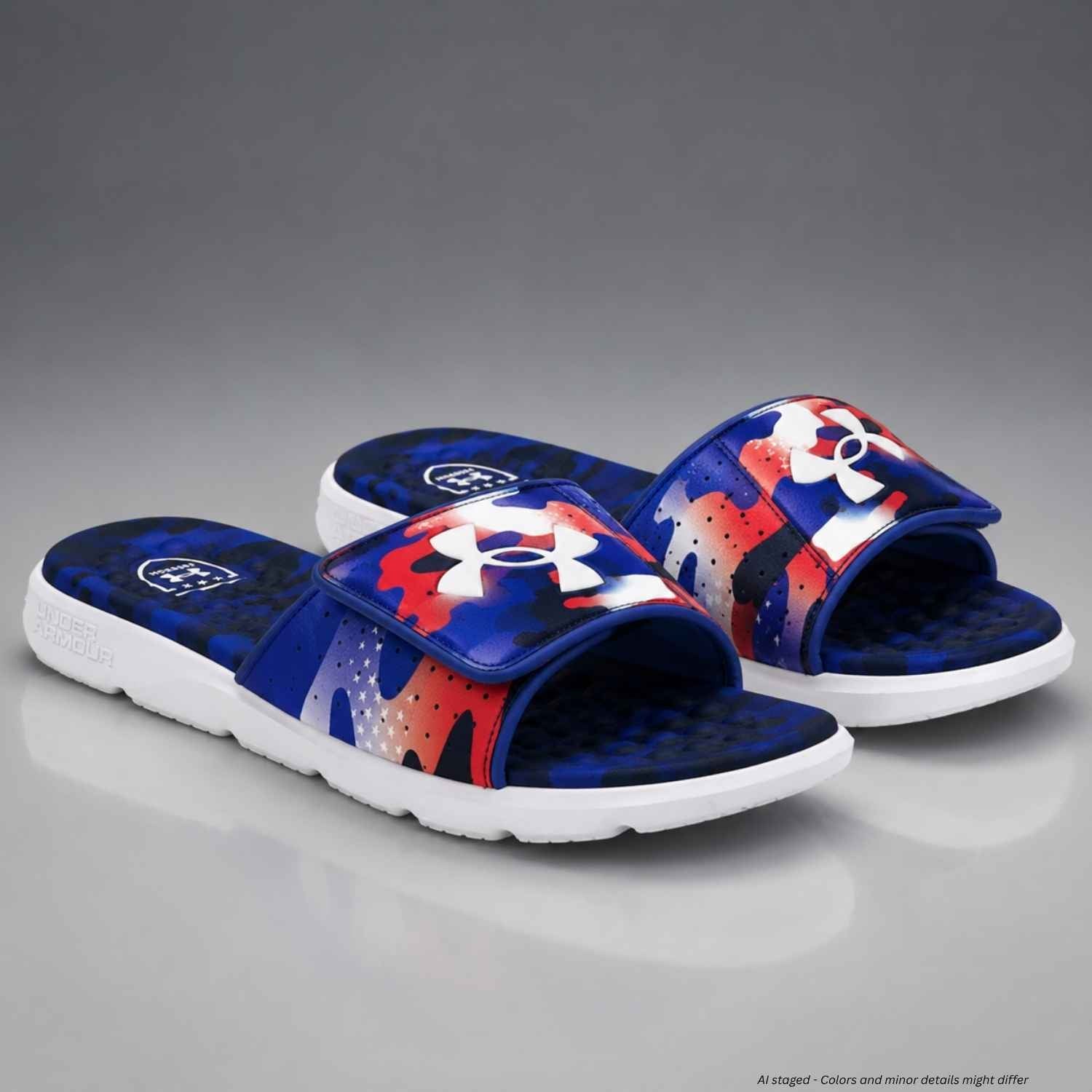 Under Armour Men's Ignite Pro Freedom Slides 3027850 in red, white and blue camo with navy footbeds and white soles