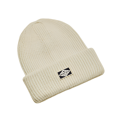 Under Armour UA Men's Project Rock Beanie in cream color, featuring a woven patch logo and ribbed knit design for warmth.