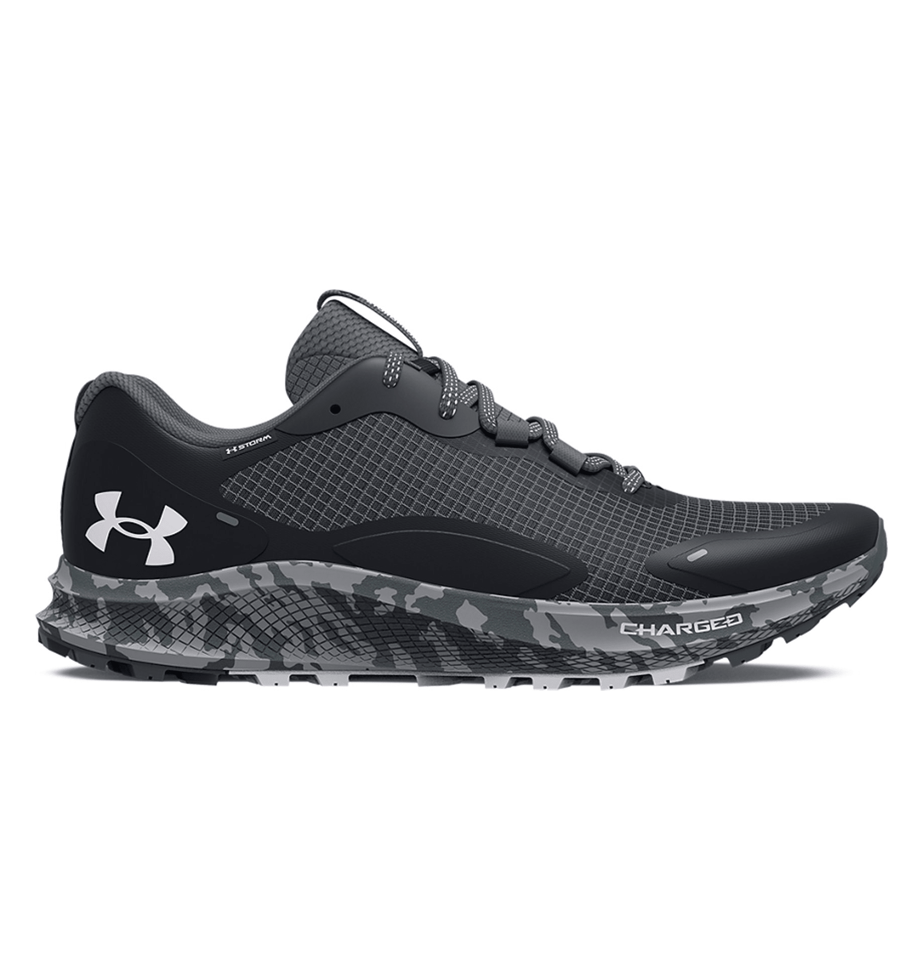 Under Armour Men's UA Charged Bandit Trail 2 Running Shoes in black and grey, designed for trail running with superior cushioning and grip.
