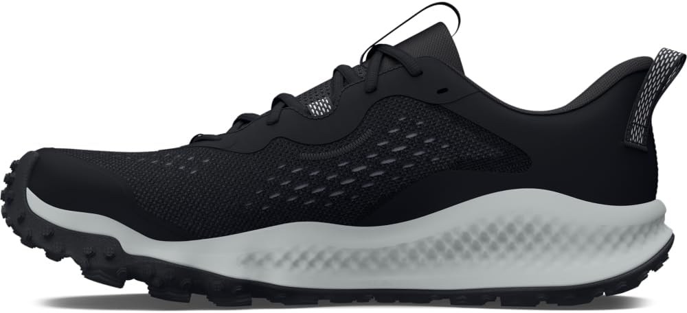 Black running shoe with white sole on a white background