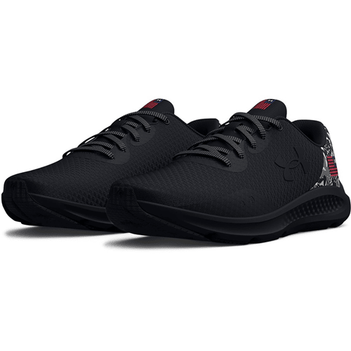Under Armour Men's UA Charged Pursuit 3 USA Running Shoes in black with breathable mesh upper and patriotic design.