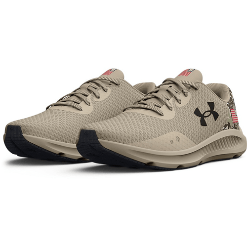 Under Armour Men's UA Charged Pursuit 3 USA Running Shoes in beige with breathable mesh and Charged Cushioning® technology.