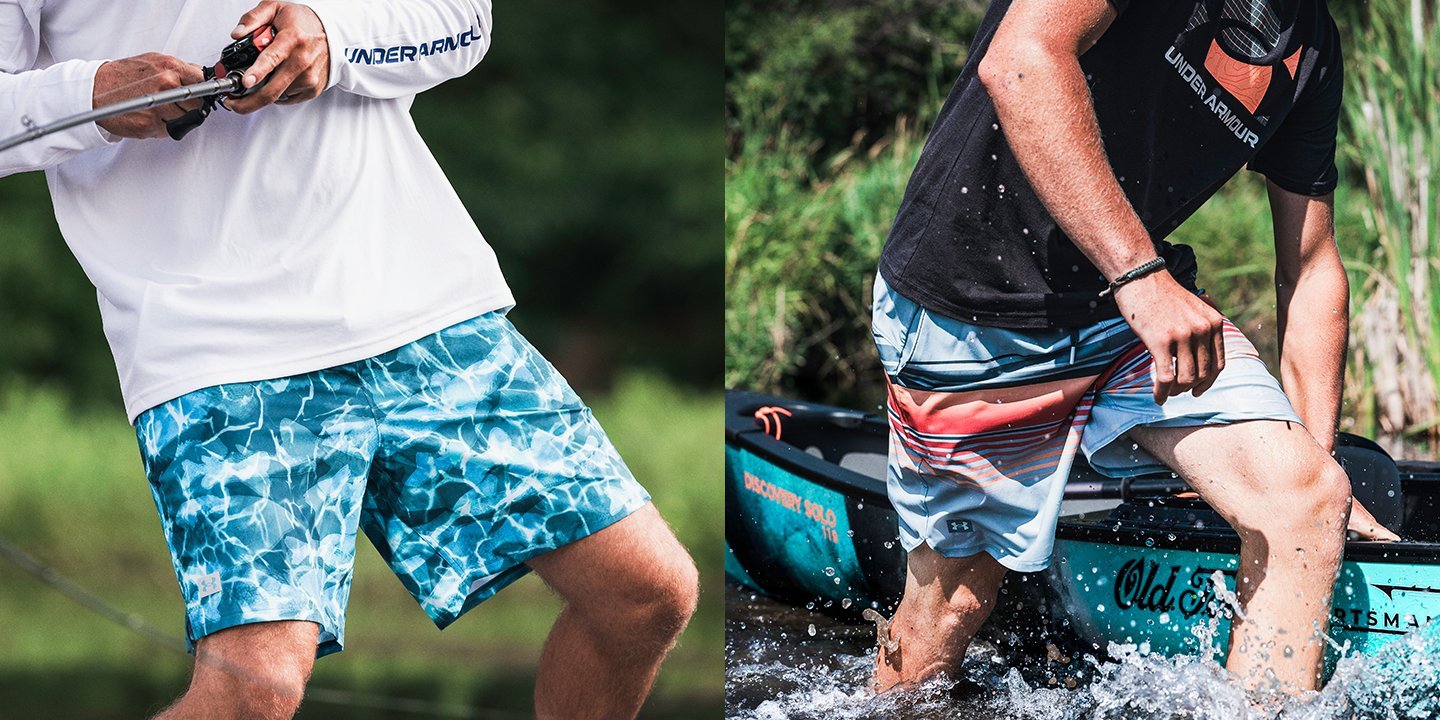 Two people wearing patterned shorts with outdoor activities and nature backgrounds.