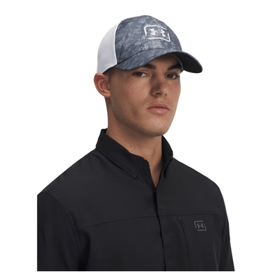 Under Armour UA Fish Hunter Mesh Cap in Castlerock/White/Halo Gray shown on male model, side view demonstrating UA Pro Fit pre-curved visor and structured crown