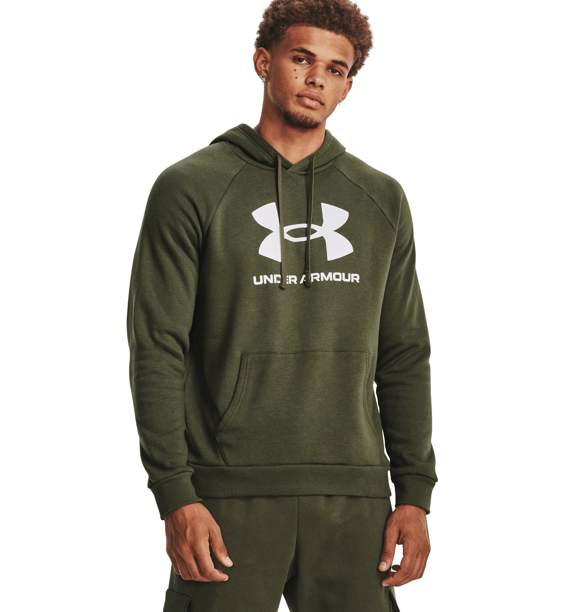 Under Armour Men's UA Rival Fleece Logo Hoodie in olive green, featuring a kangaroo pocket and ribbed cuffs.