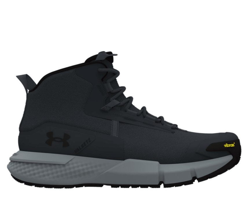 Black high-top sneaker with gray sole on a white background