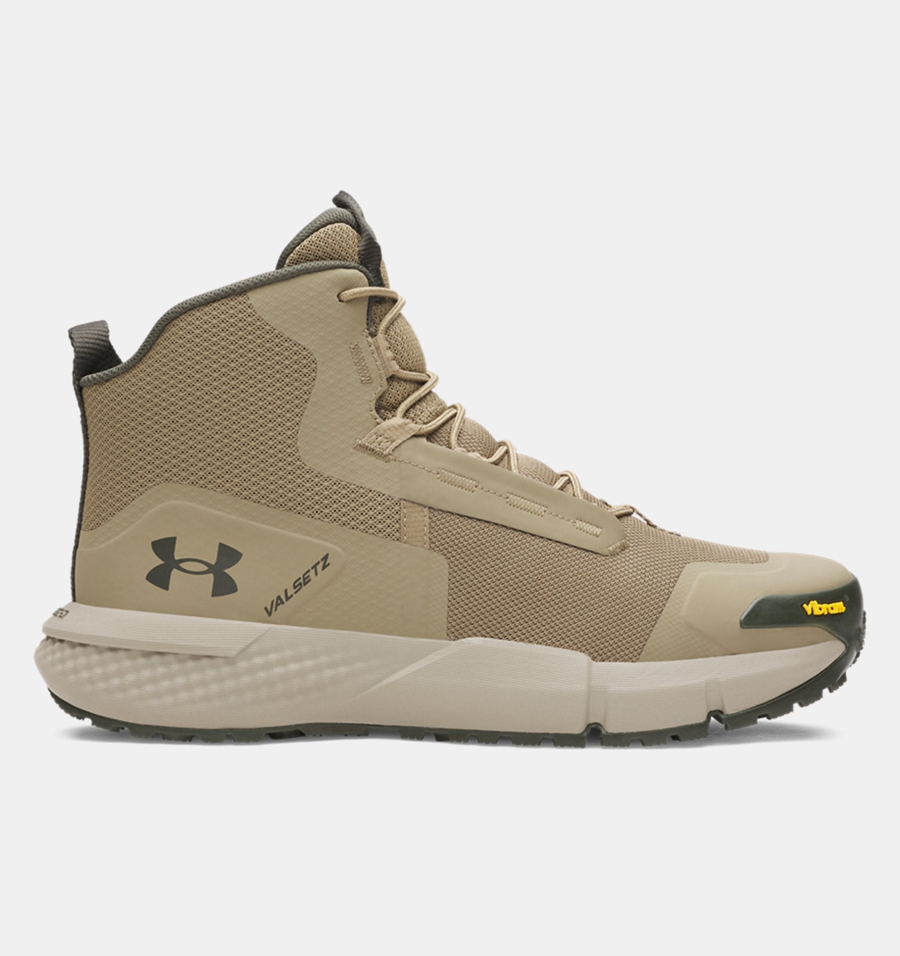 Beige high-top sneaker with Under Armour logo on a white background