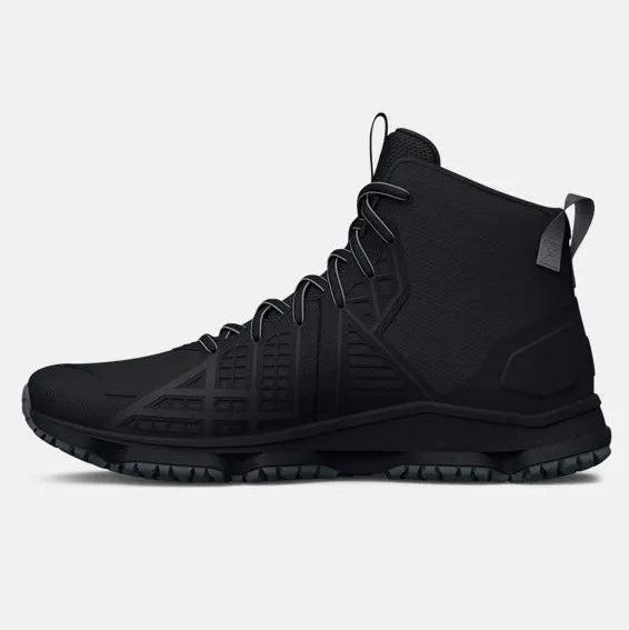 Black high-top sneaker with yellow accents on a white background