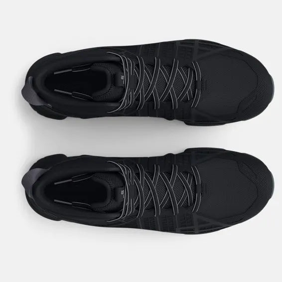 Top-down view of black sneakers on a light gray background
