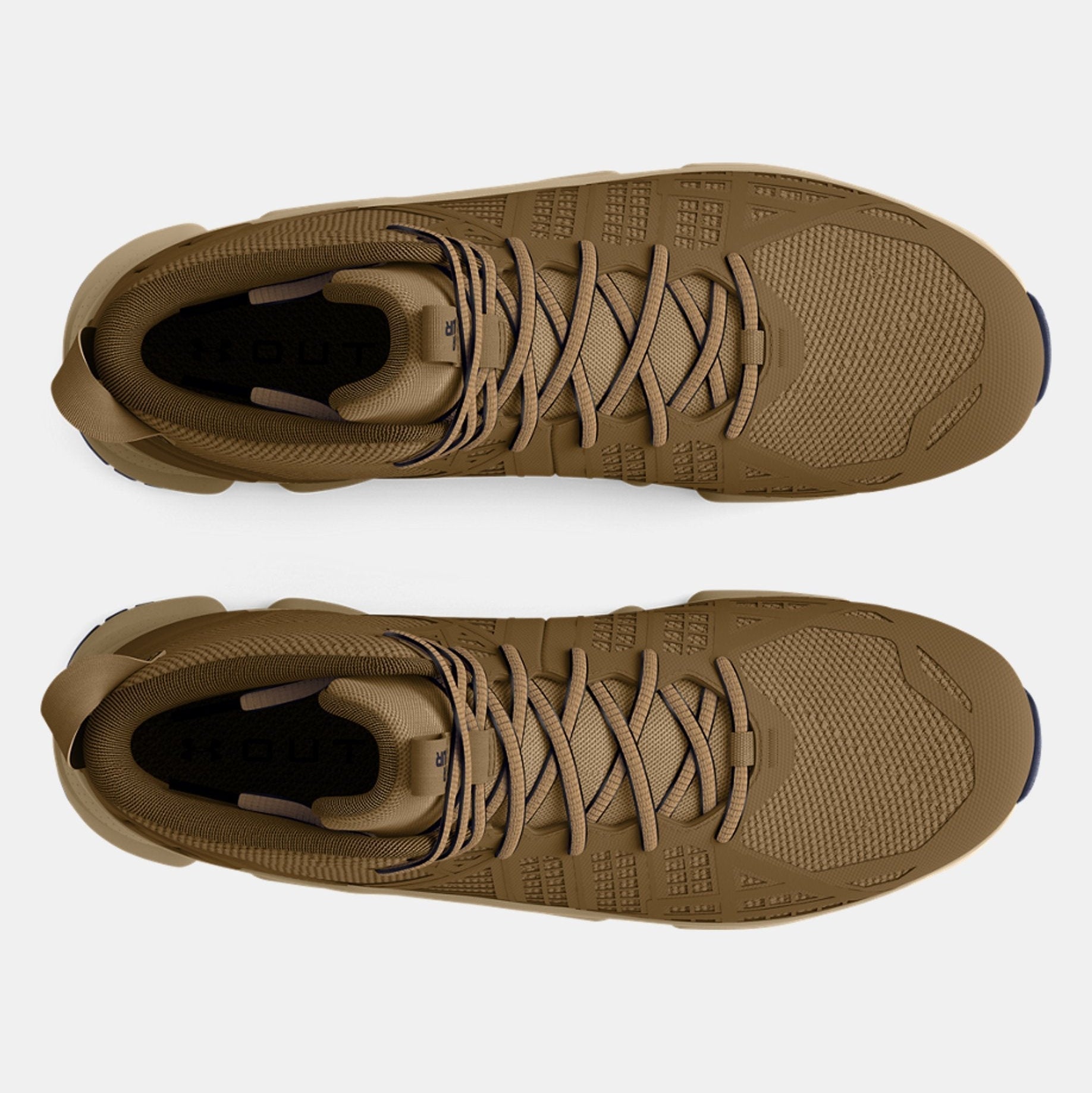 Top down view of brown tactical boots on a white background