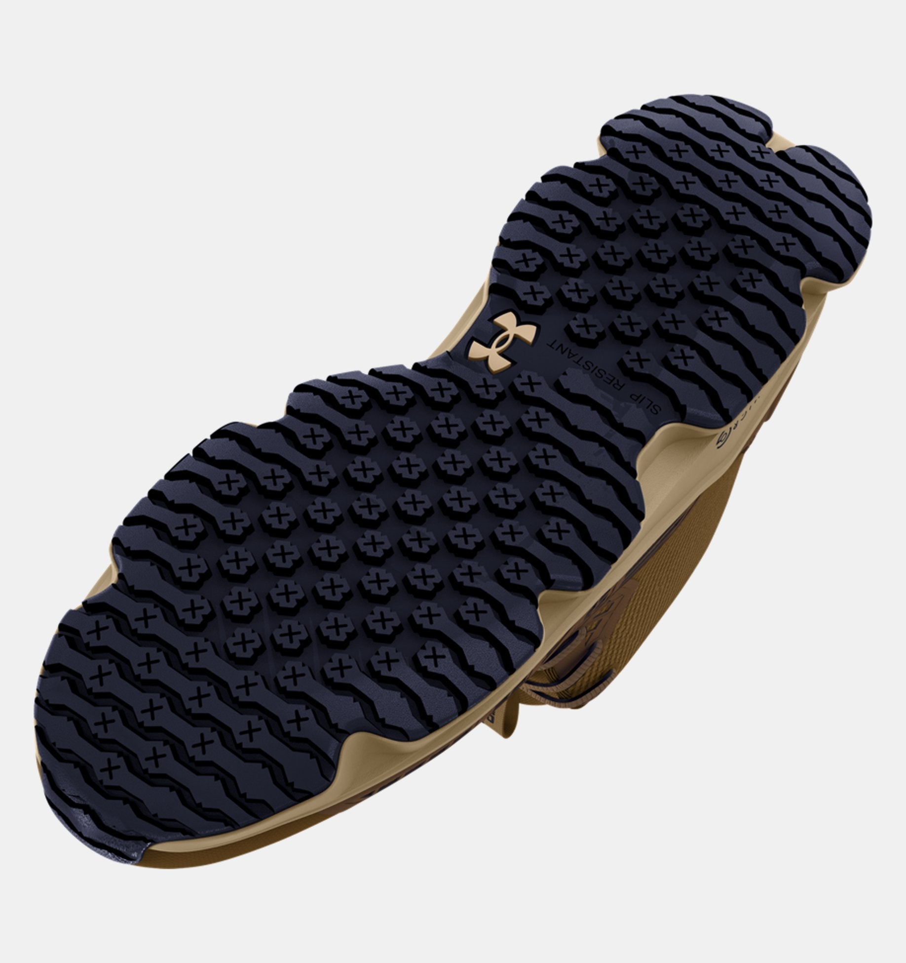 Close-up of a shoe sole with a brand logo on a light gray background