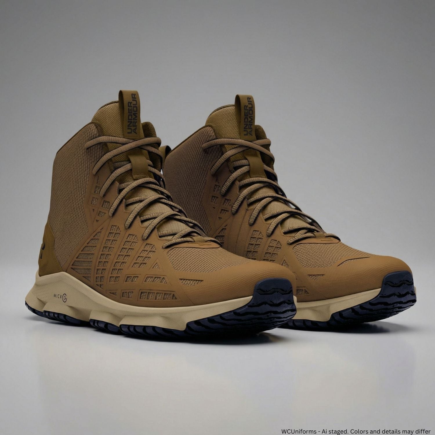 Pair of tan high-top sneakers on a gray background