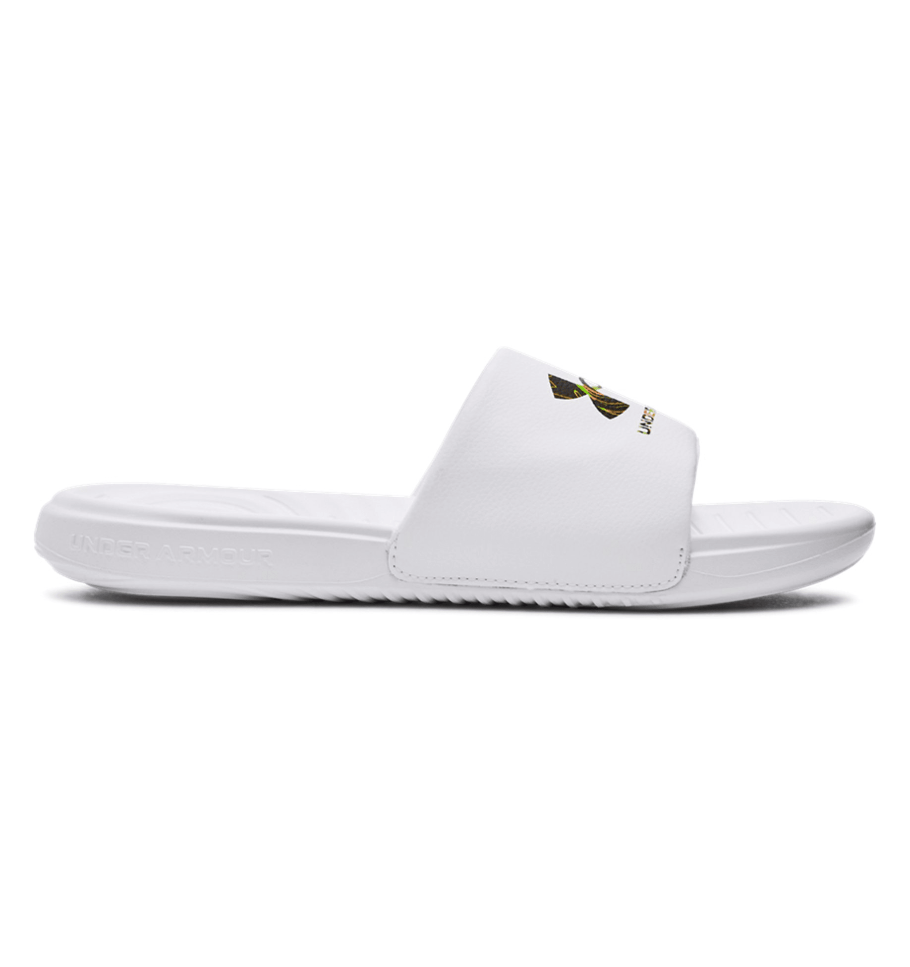 Under Armour UA Ansa Graphic Logo Slides in white with a fixed strap and comfortable EVA footbed for athletes.