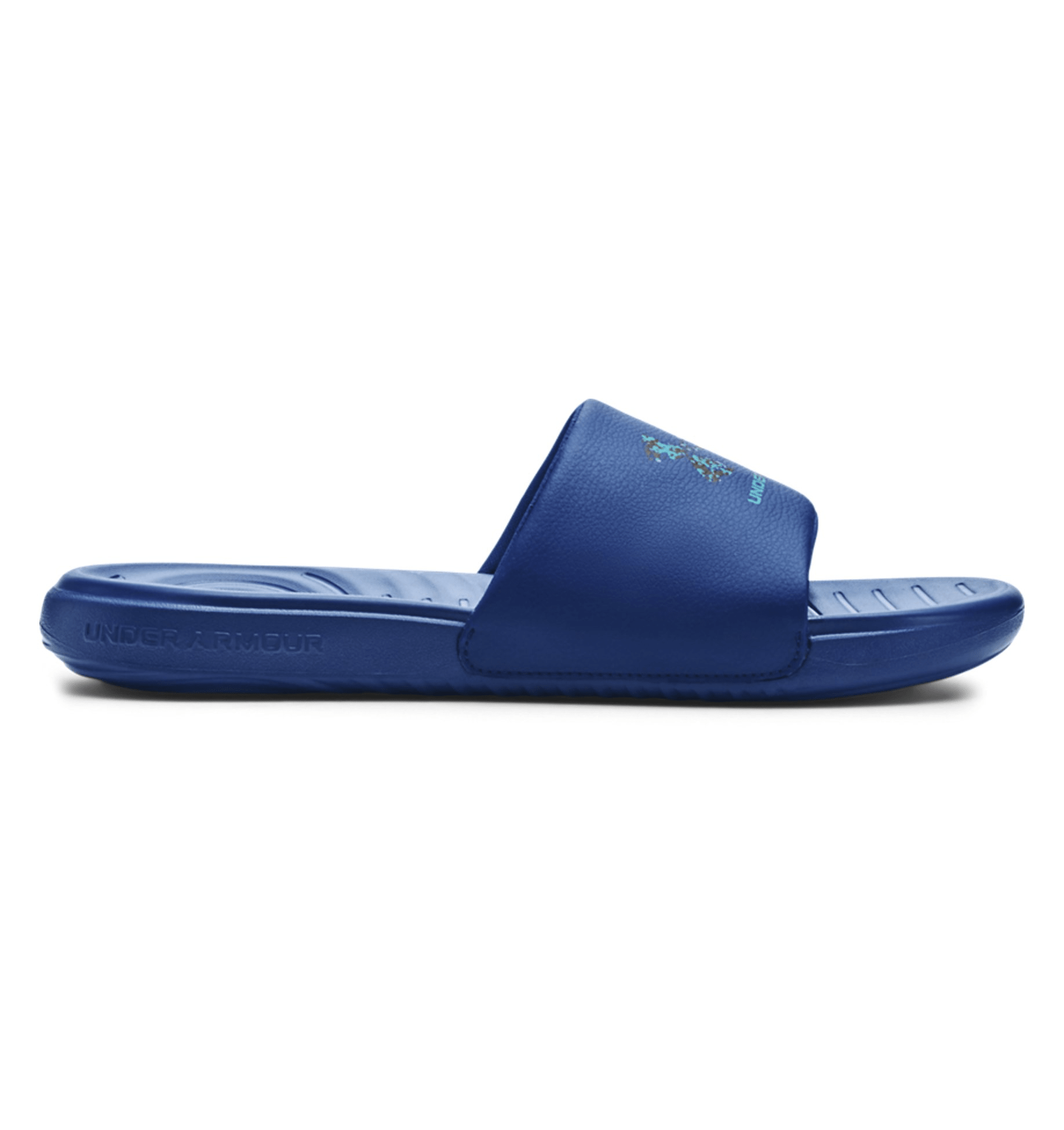 Under Armour UA Ansa Graphic Logo Slides in blue with a comfortable fixed strap and EVA footbed for optimal cushioning.