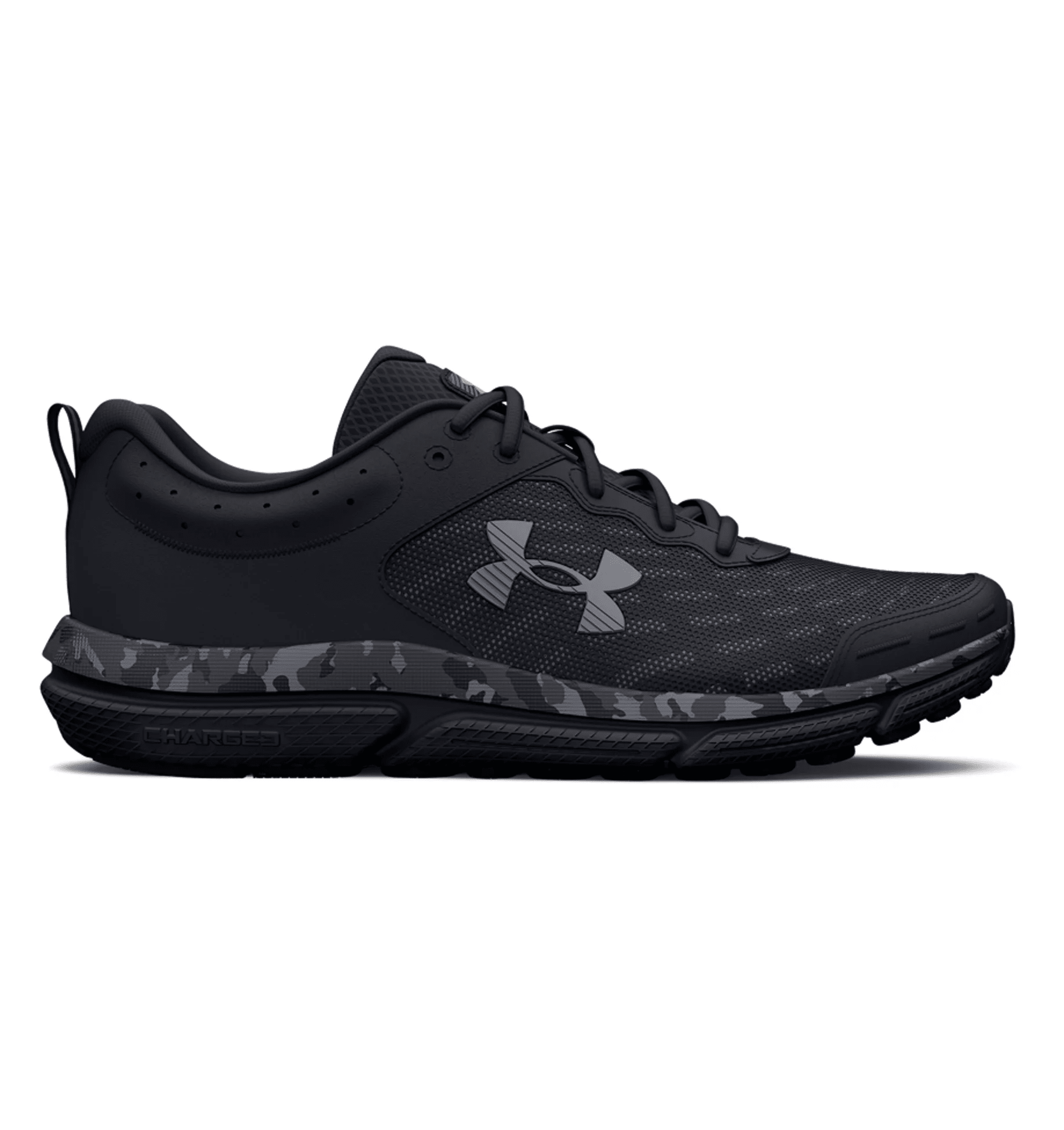 Under Armour UA Charged Assert 10 Camo Running Shoes in black with breathable mesh upper and durable design for optimal comfort.