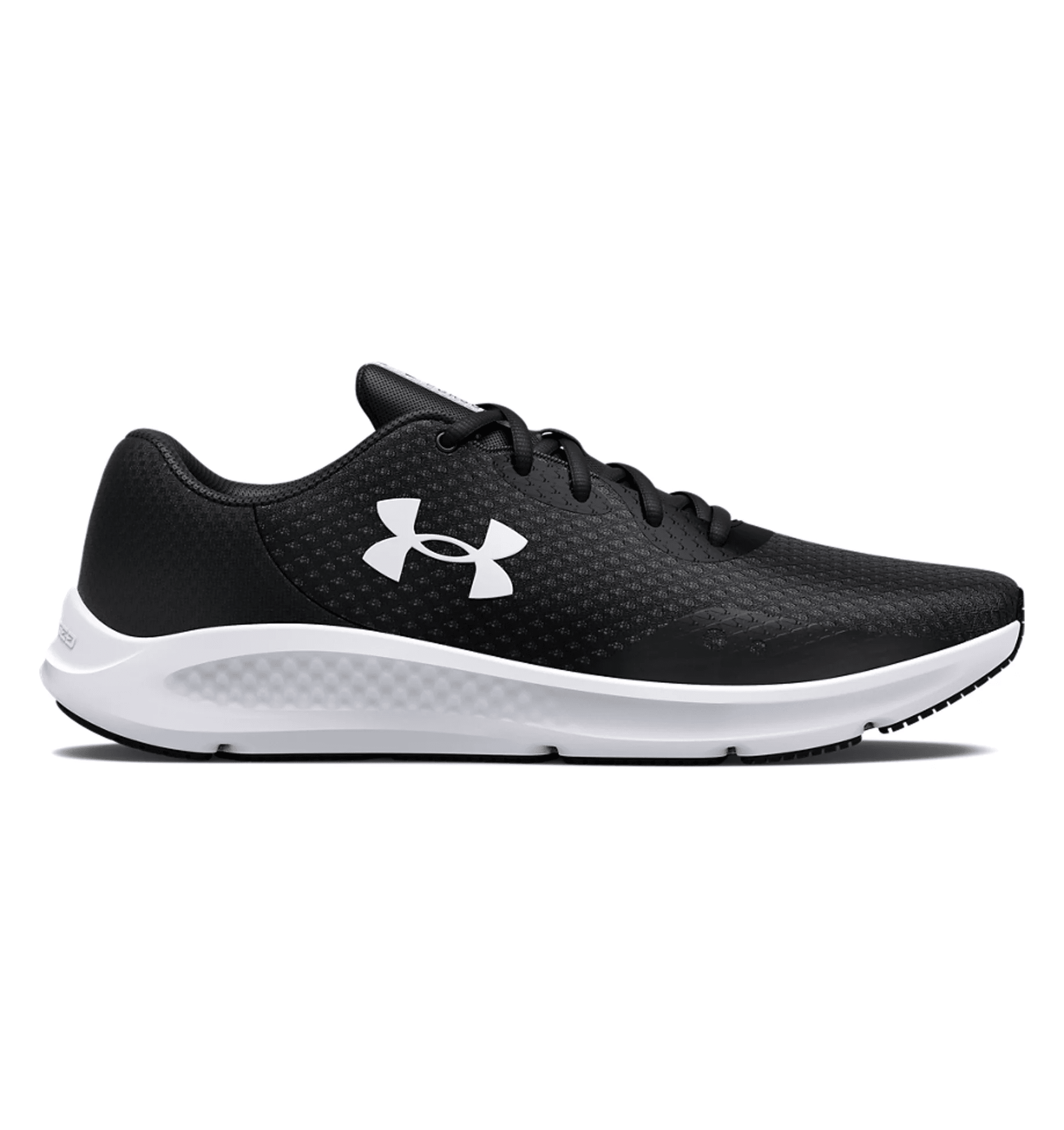 Side view of Under Armour UA Charged Pursuit 3 running shoes in black with breathable mesh upper and cushioned sole.