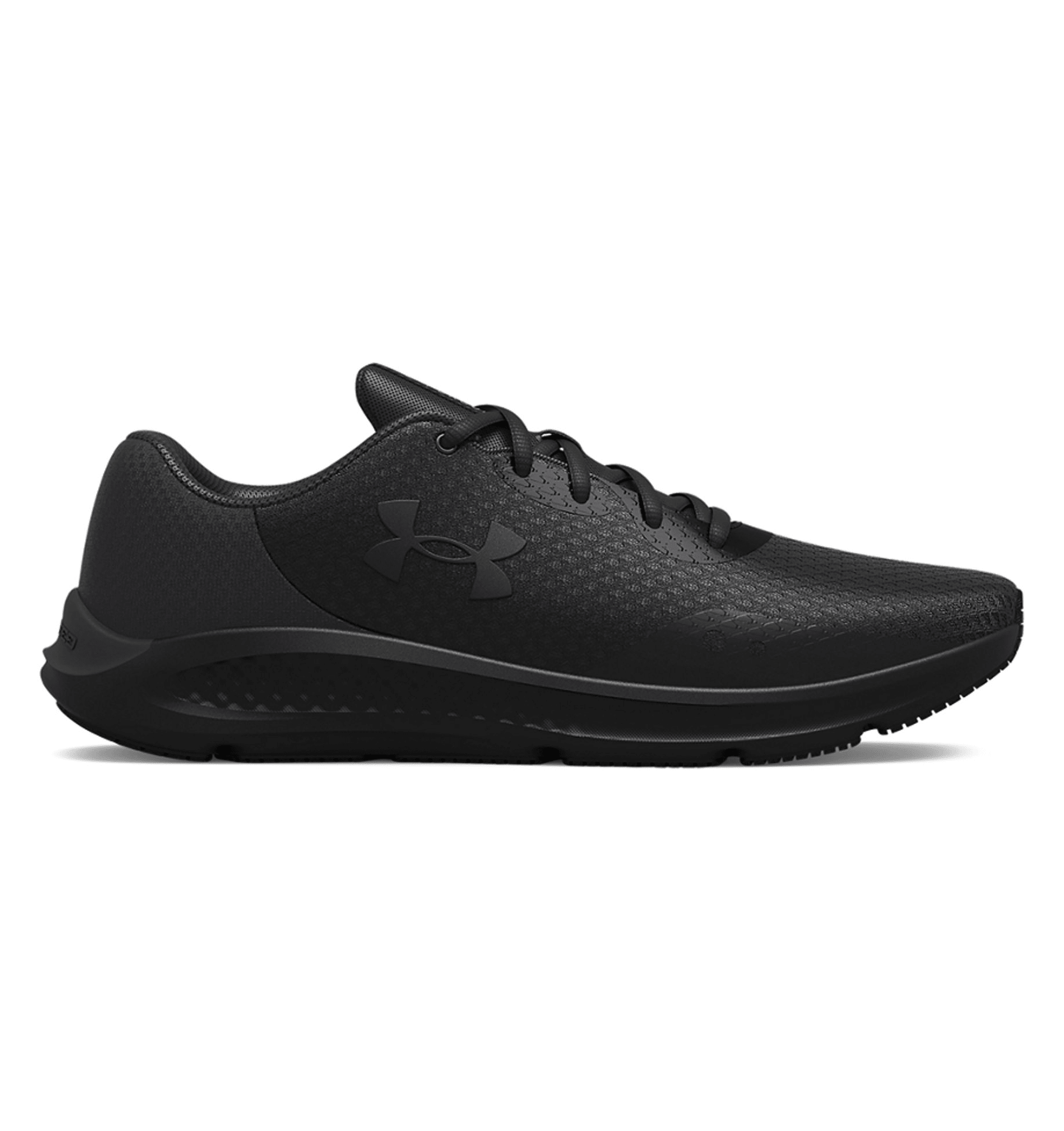 Under Armour UA Charged Pursuit 3 running shoes in black, featuring breathable mesh and Charged Cushioning for comfort and performance.