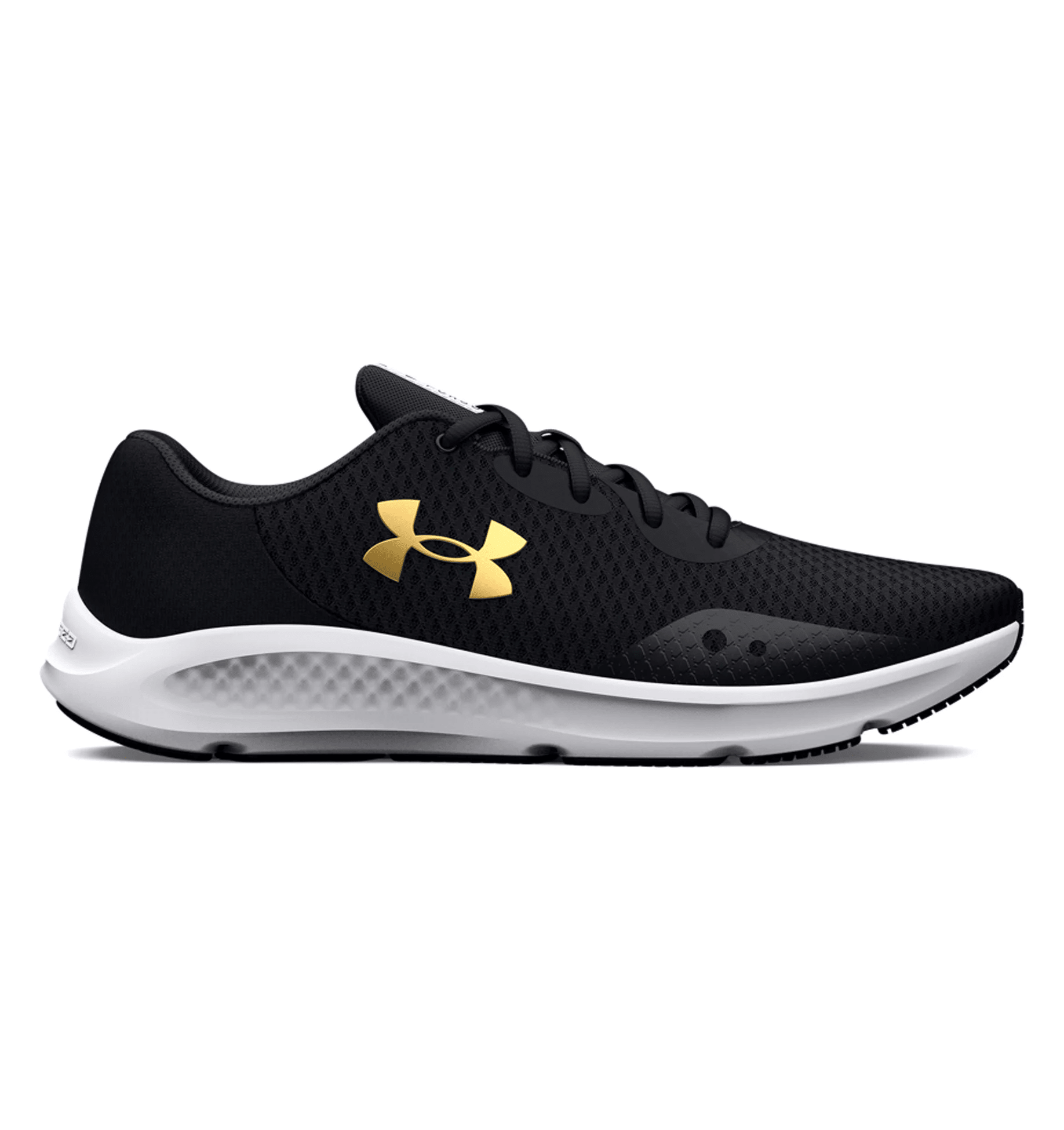 Under Armour UA Charged Pursuit 3 running shoes in black and gold, featuring breathable mesh and cushioned sole for comfort.