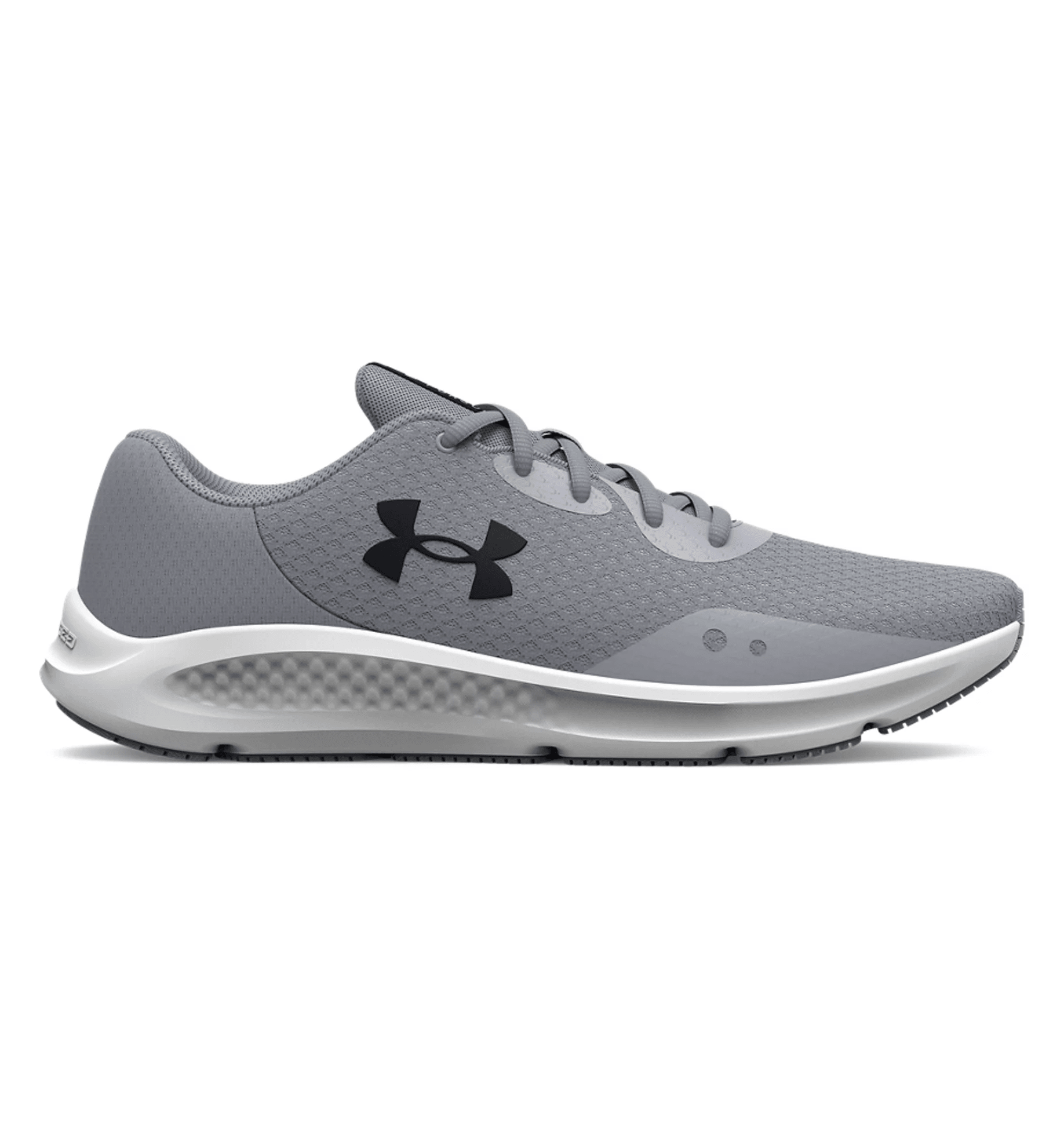 Under Armour UA Charged Pursuit 3 running shoes in gray, featuring breathable mesh upper and cushioning for comfort.