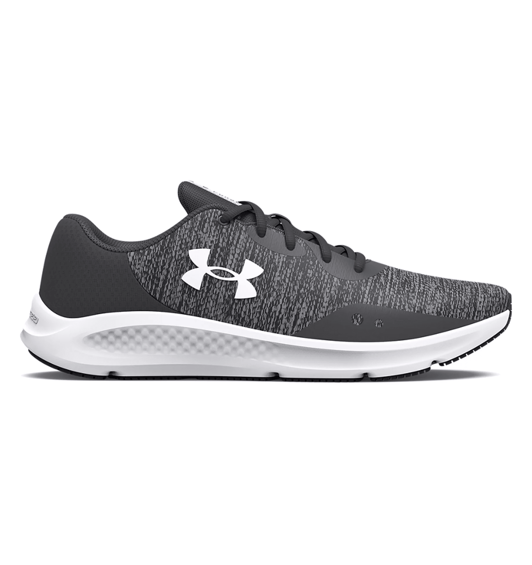 Under Armour UA Charged Pursuit 3 Twist Running Shoes in gray, featuring breathable mesh upper and Charged Cushioning technology.