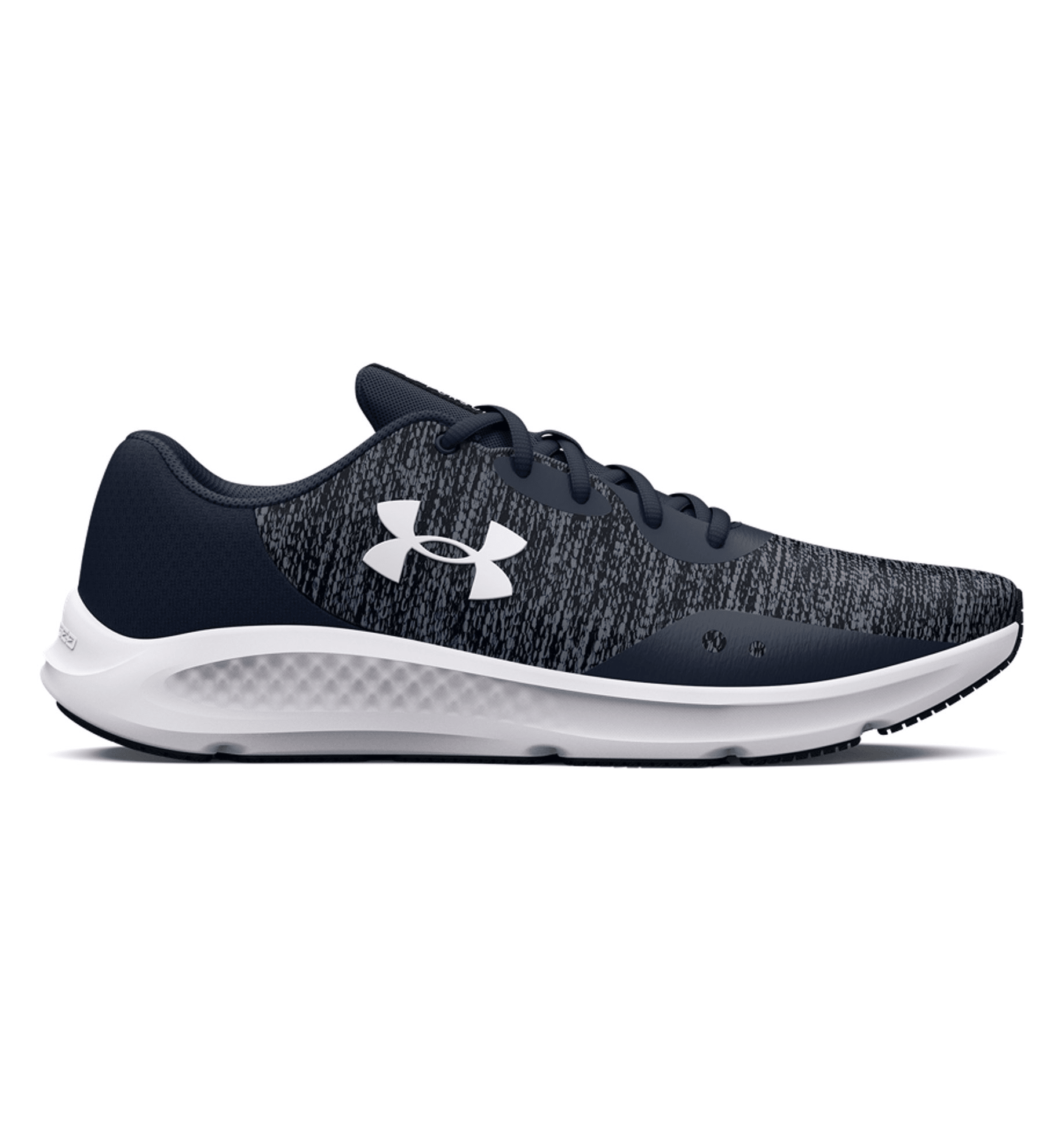 Under Armour UA Charged Pursuit 3 Twist running shoes in navy, featuring breathable mesh and cushioned support for comfort.