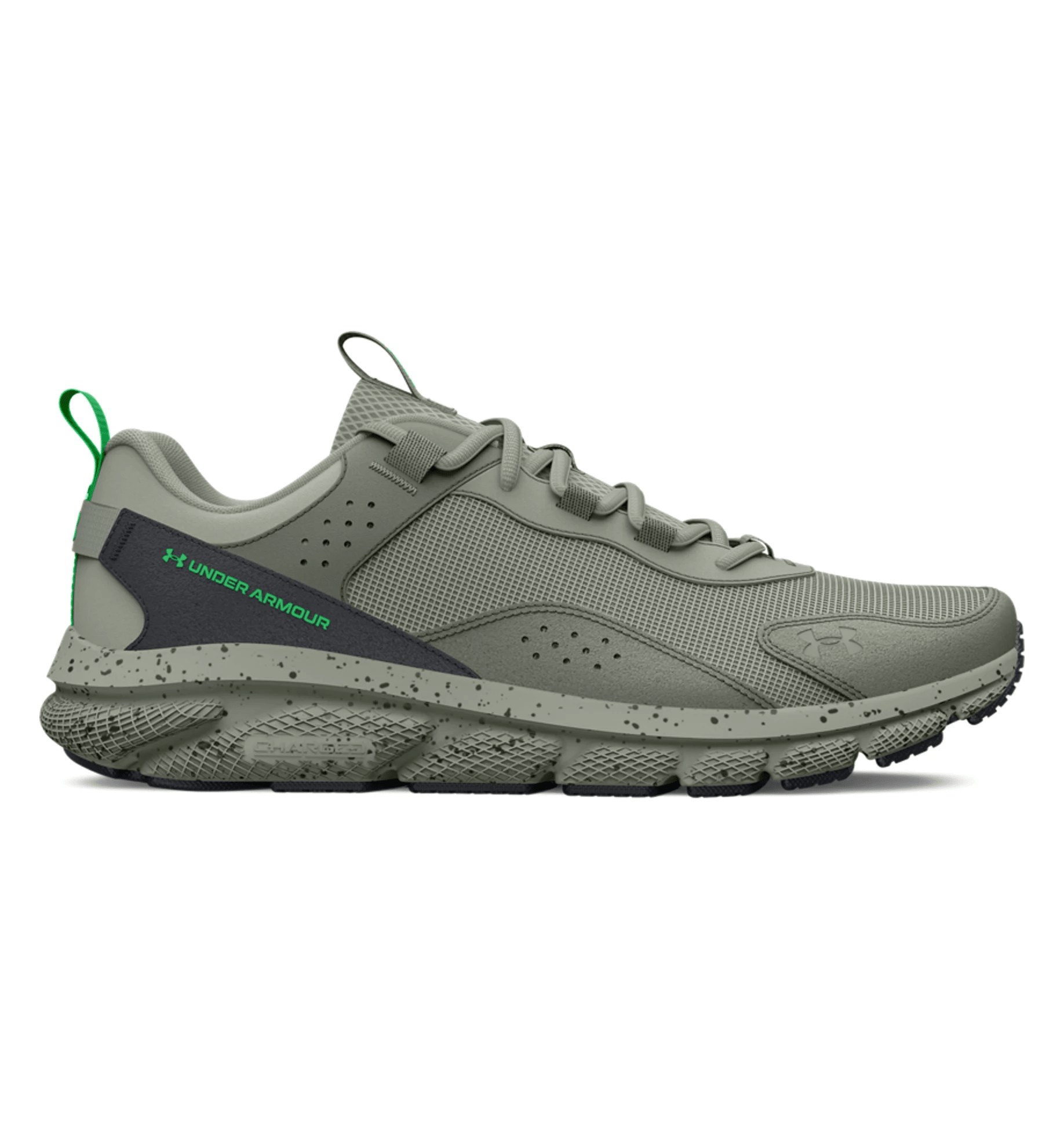 Under Armour UA Charged Verssert Speckle Running Shoes in green, featuring breathable upper and cushioned midsole for comfort.