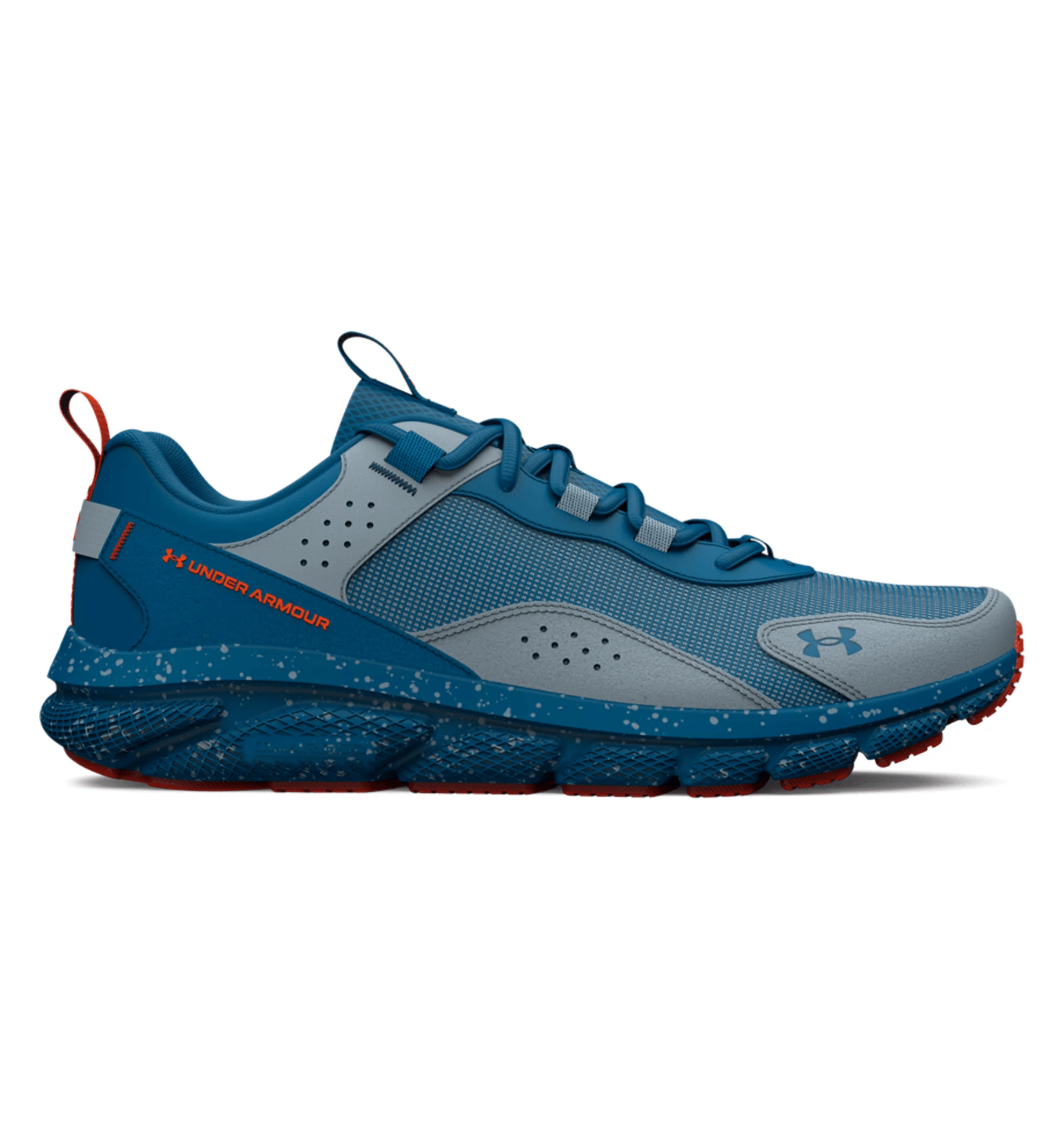 Under Armour UA Charged Verssert Speckle Running Shoes in blue and grey, featuring breathable upper and Charged Cushioning.