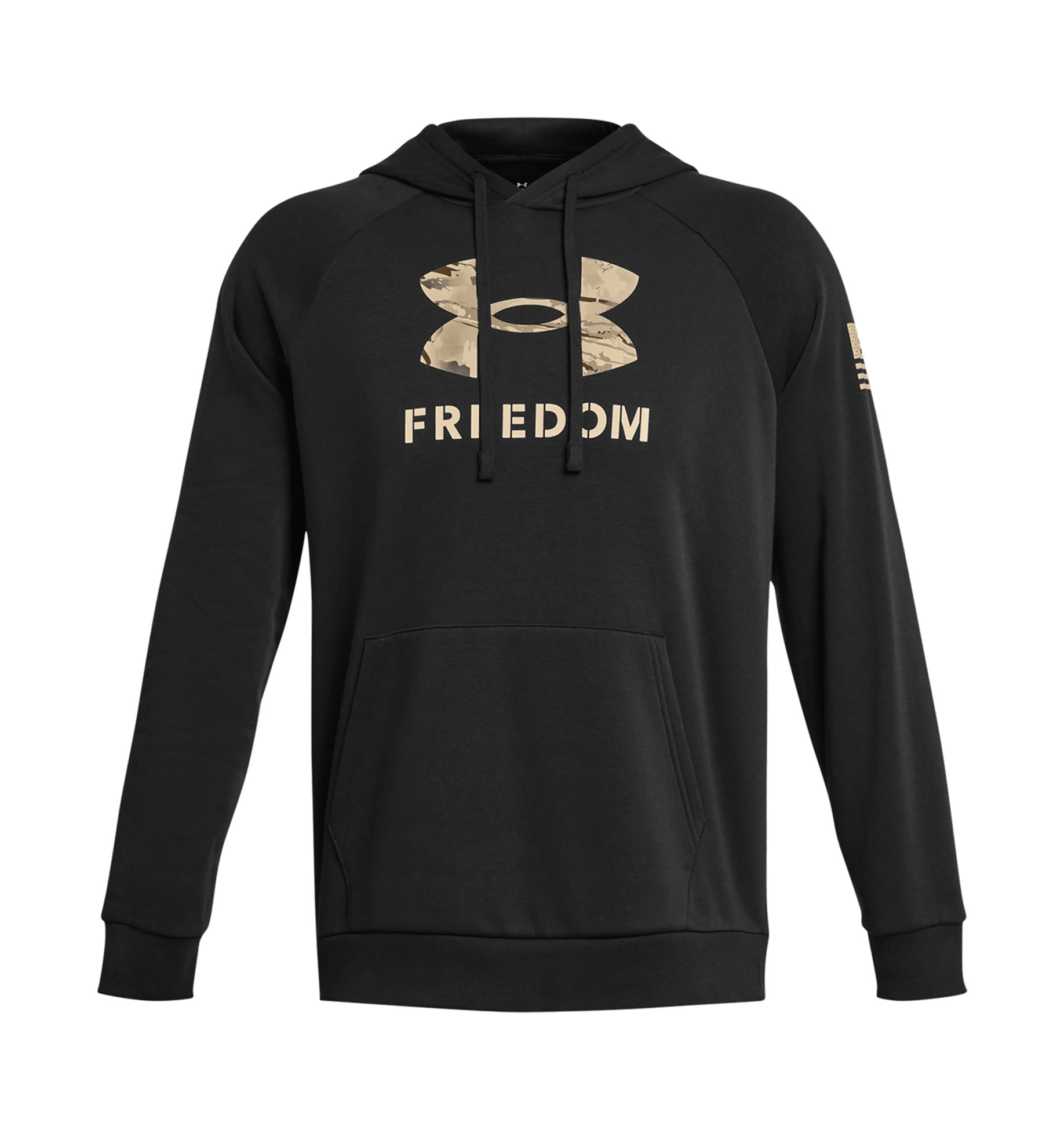 Under Armour UA Freedom Rival Fleece Hoodie in black with big flag logo, perfect for comfort and warmth.