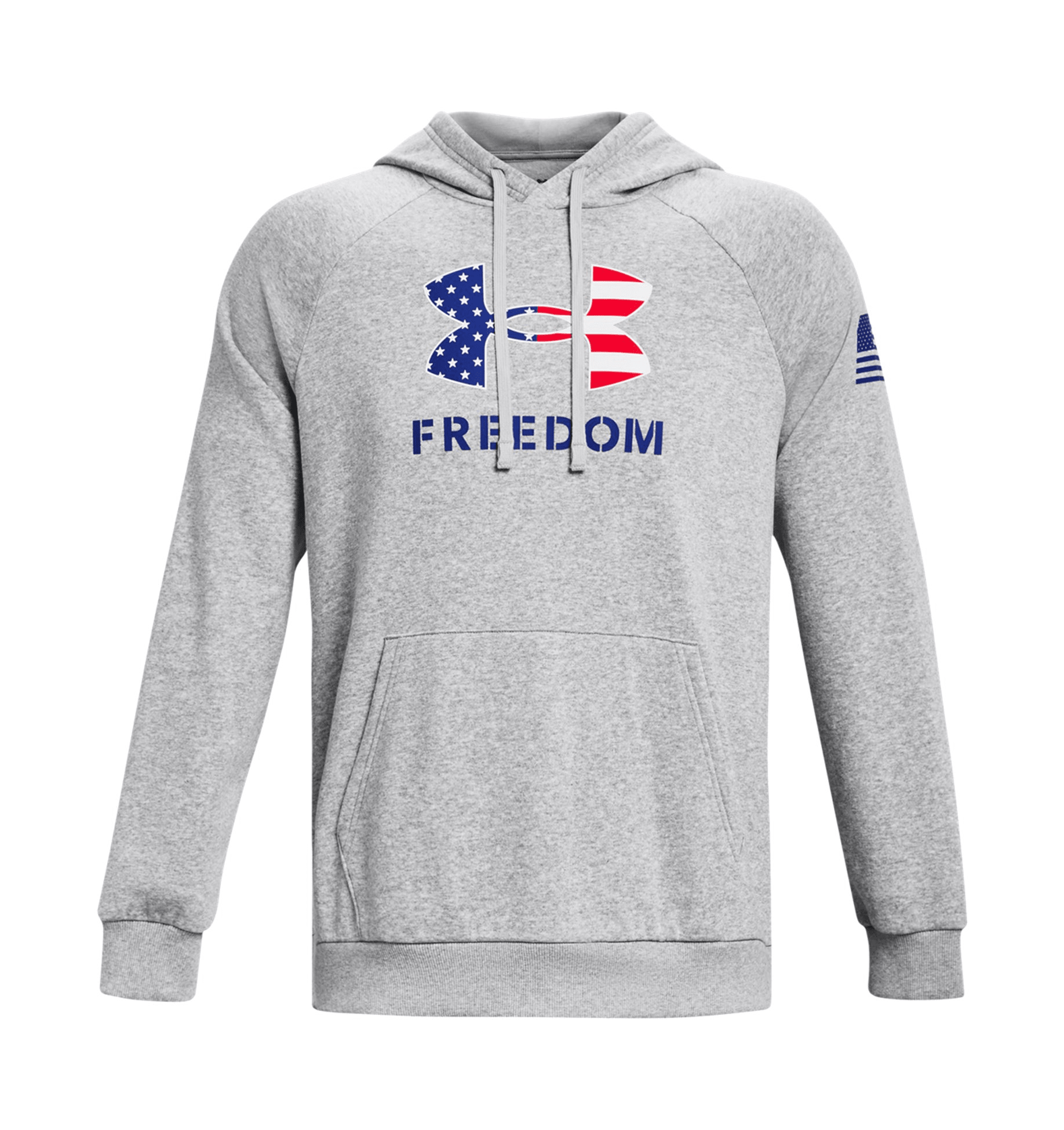 Under Armour UA Freedom Rival Fleece Big Flag Logo Hoodie in gray with front kangaroo pocket and American flag design.