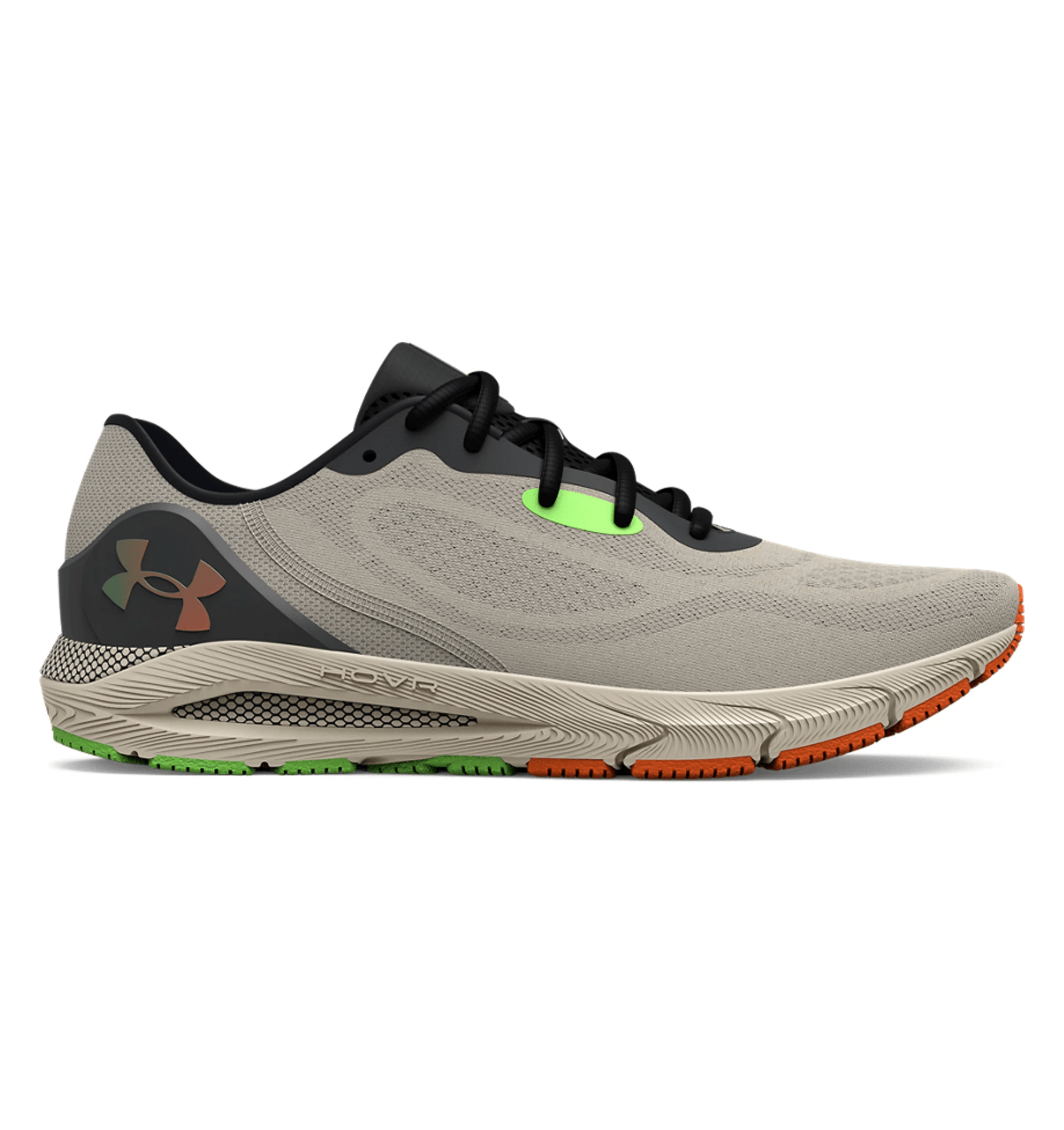 Under Armour UA HOVR Sonic 5 running shoes in grey with black and green details for flexible, distance running.