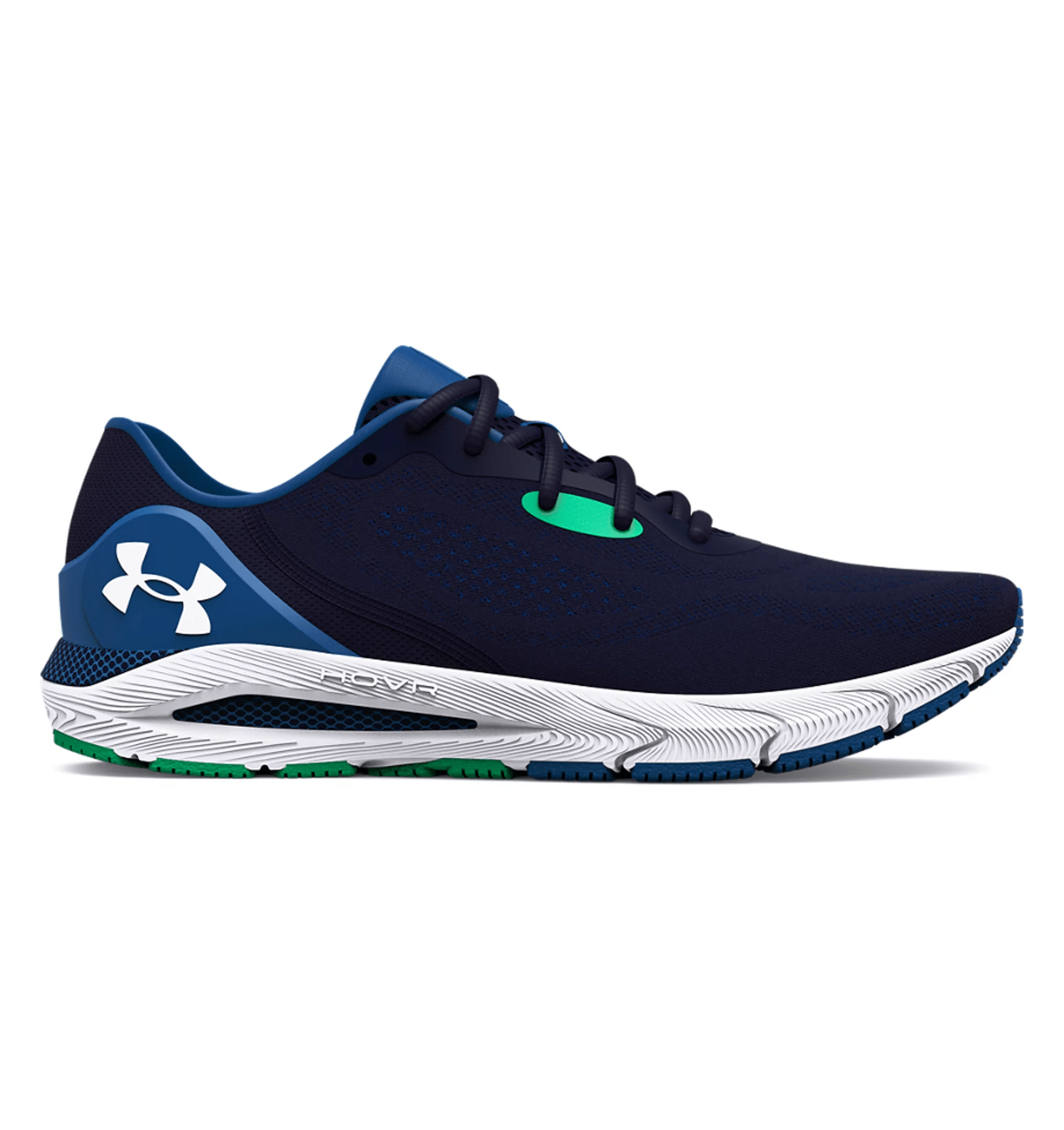 Under Armour UA HOVR Sonic 5 Running Shoes in navy and green, designed for flexibility and breathability during runs.