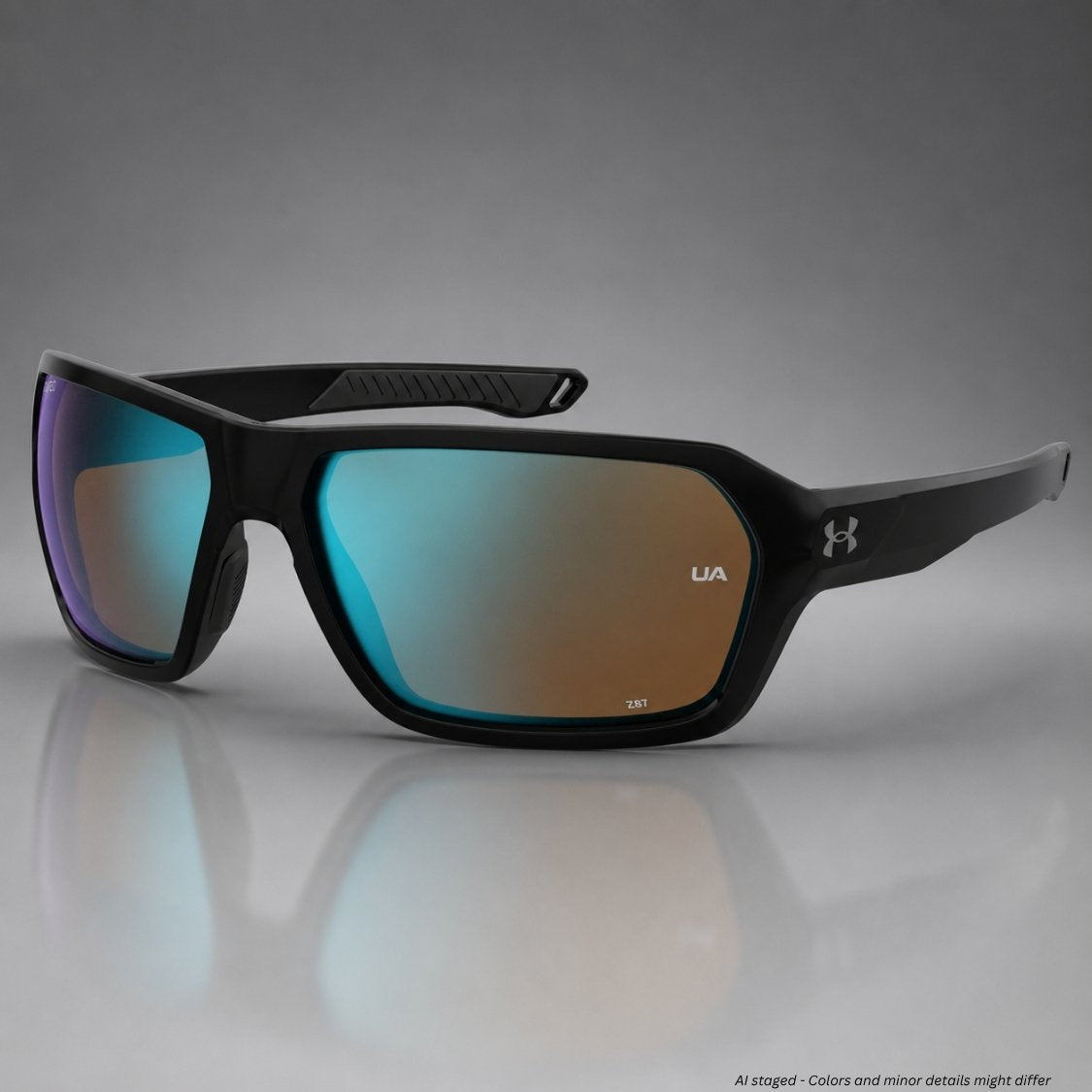 Under Armour UA Recon ANSI Z87.1 shiny black with blue mirror polycarbonate lenses, front view