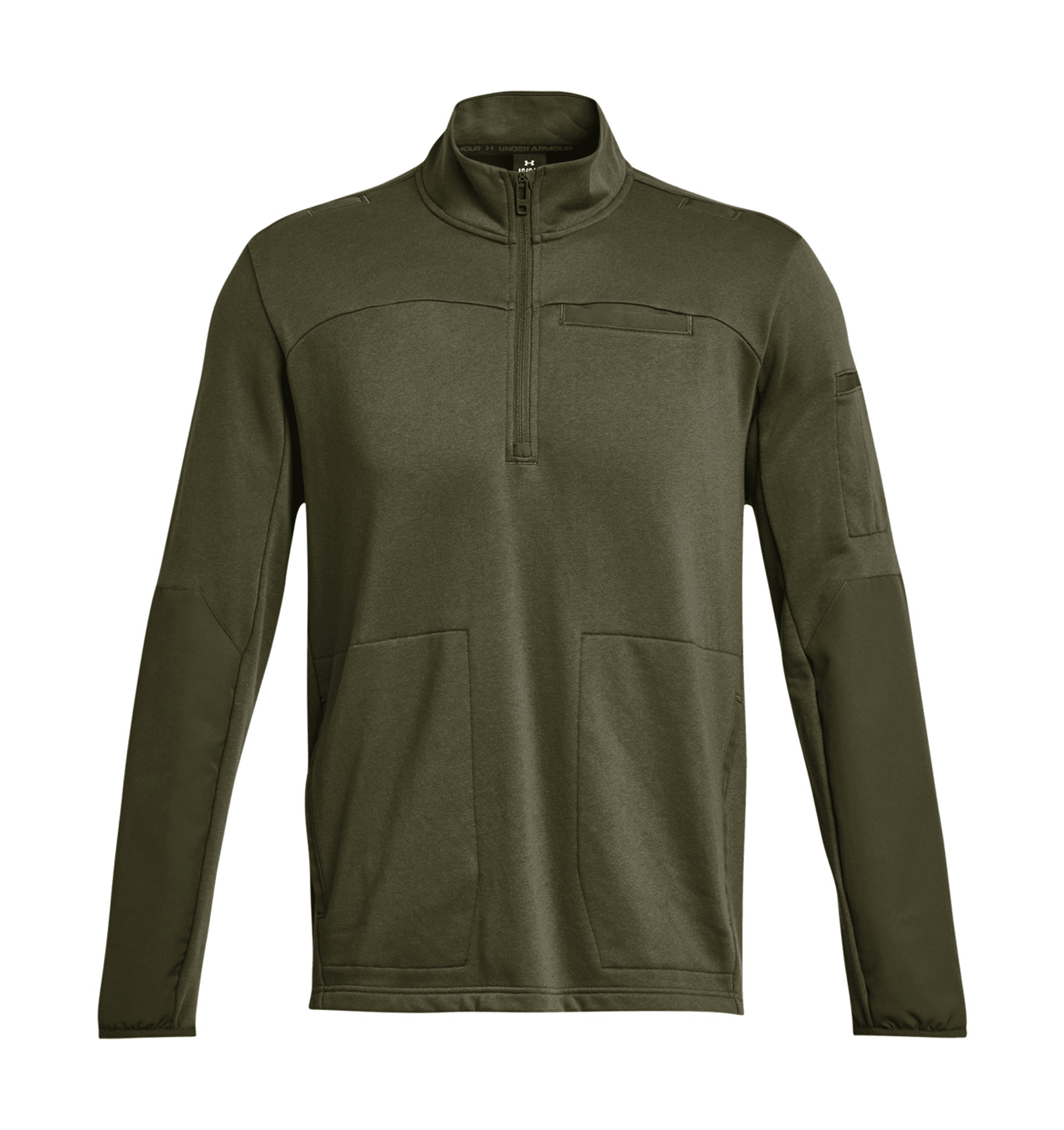 Under Armour UA Rival Fleece Tactical Job 1/4 Zip pullover in olive green, featuring zip front and multiple pockets for convenience.