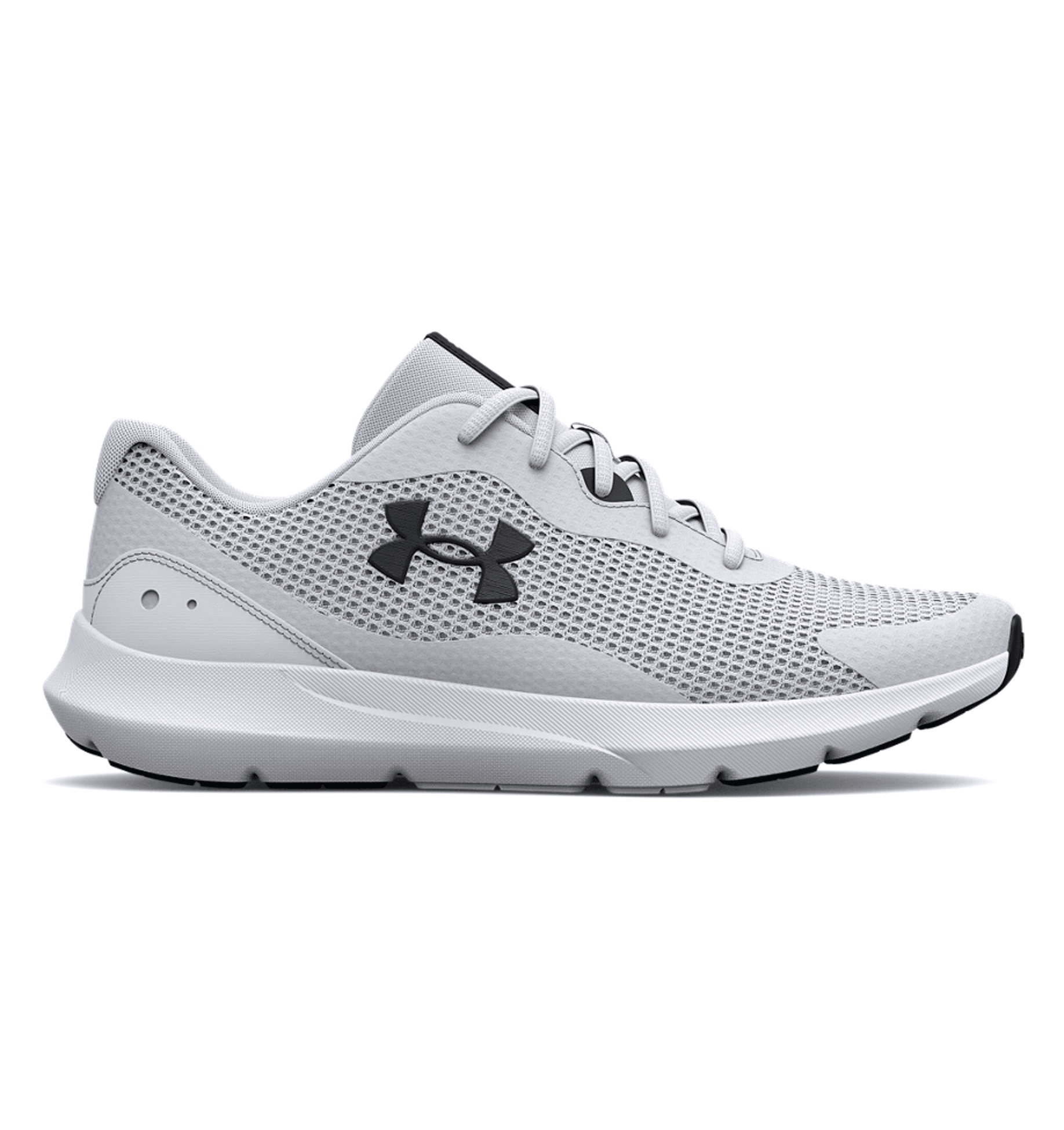 Under Armour UA Surge 3 Running Shoes in white, featuring breathable mesh upper and lightweight design for optimal comfort.