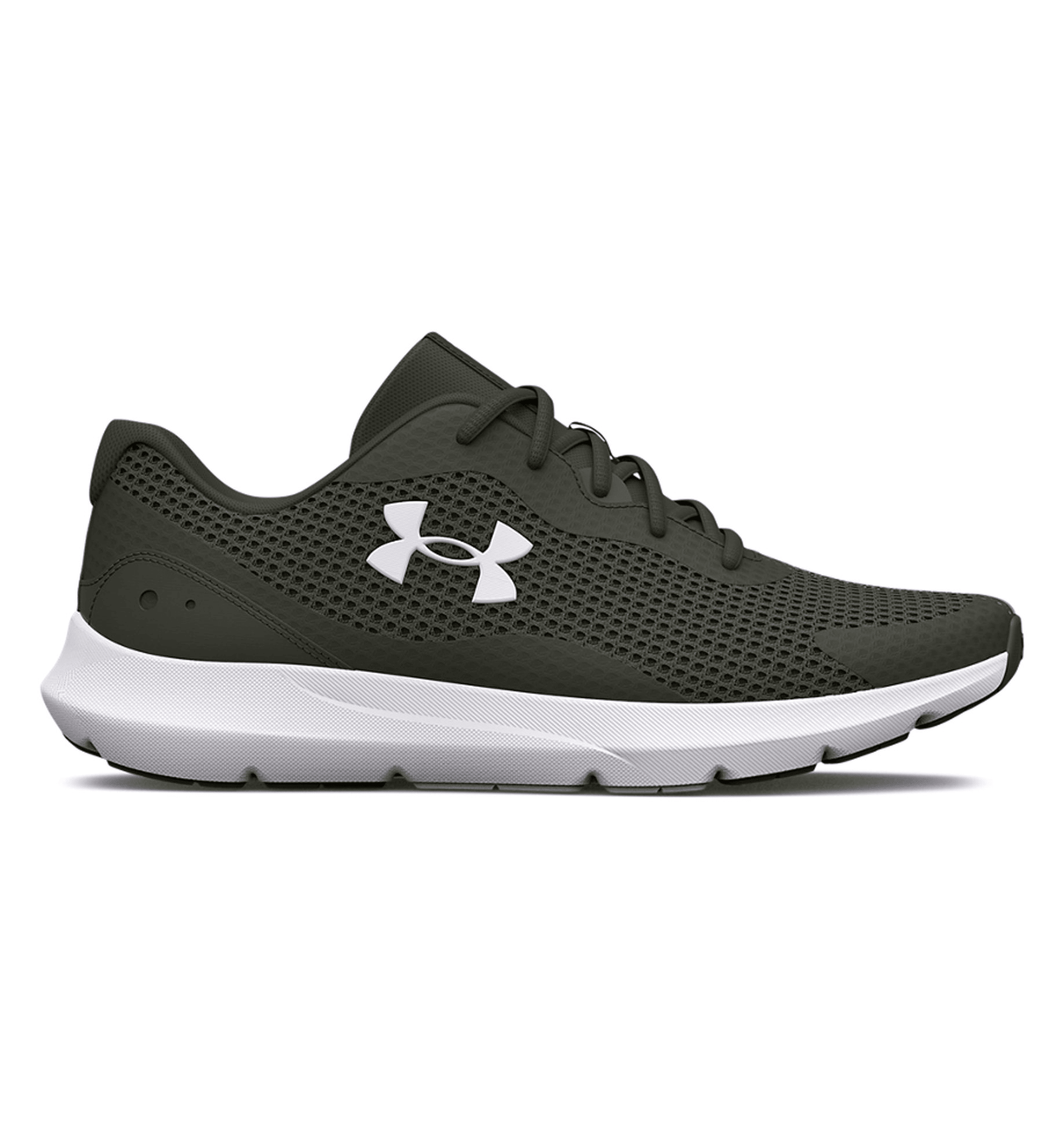 Under Armour UA Surge 3 Running Shoes in dark green with breathable mesh upper and cushioned ankle collar for comfort.