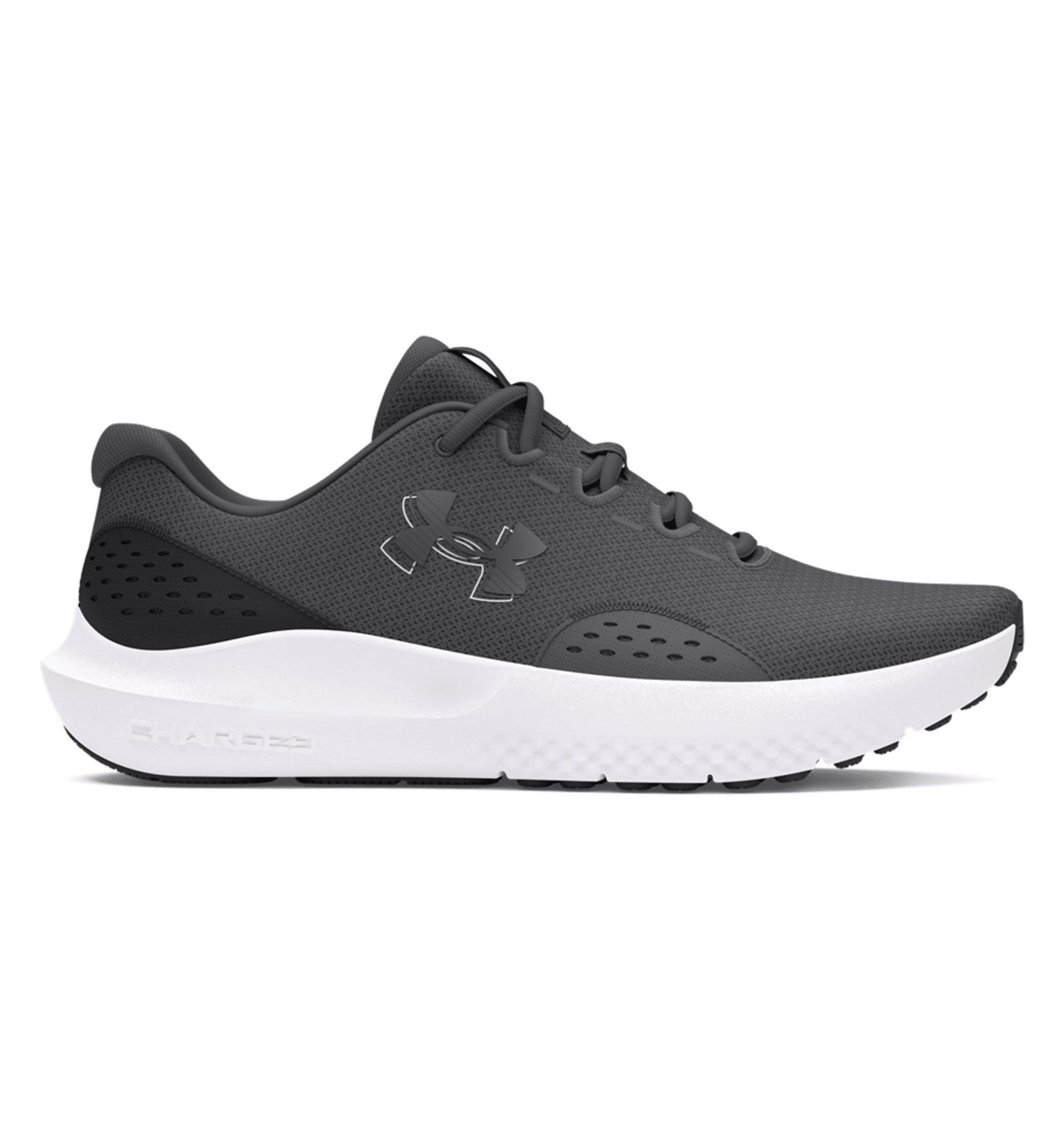 Under Armour UA Surge 4 running shoes in gray with breathable mesh upper and cushioned sole for ultimate comfort.