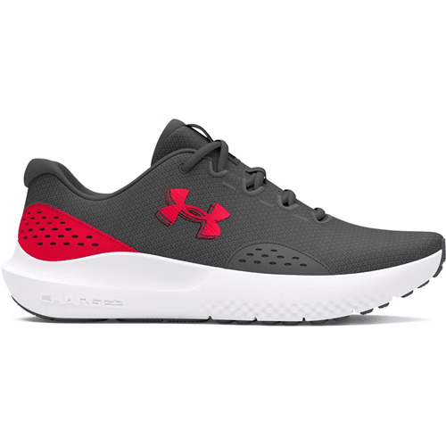 Under Armour UA Surge 4 running shoes in gray and red, featuring a breathable mesh upper and enhanced cushioning.