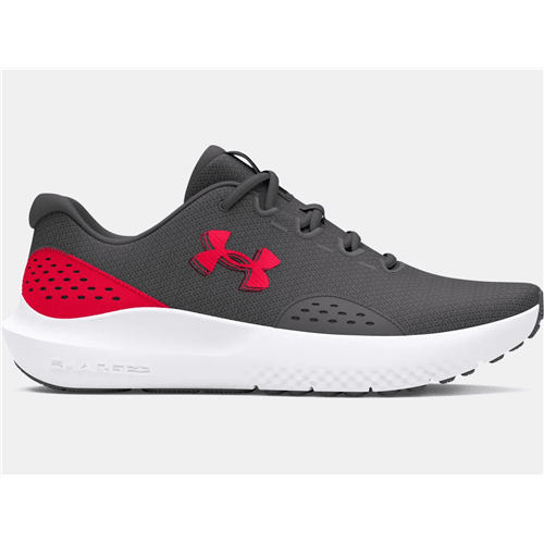 Under Armour UA Surge 4 Running Shoes in gray and red, featuring breathable mesh and cushioned support for comfort.