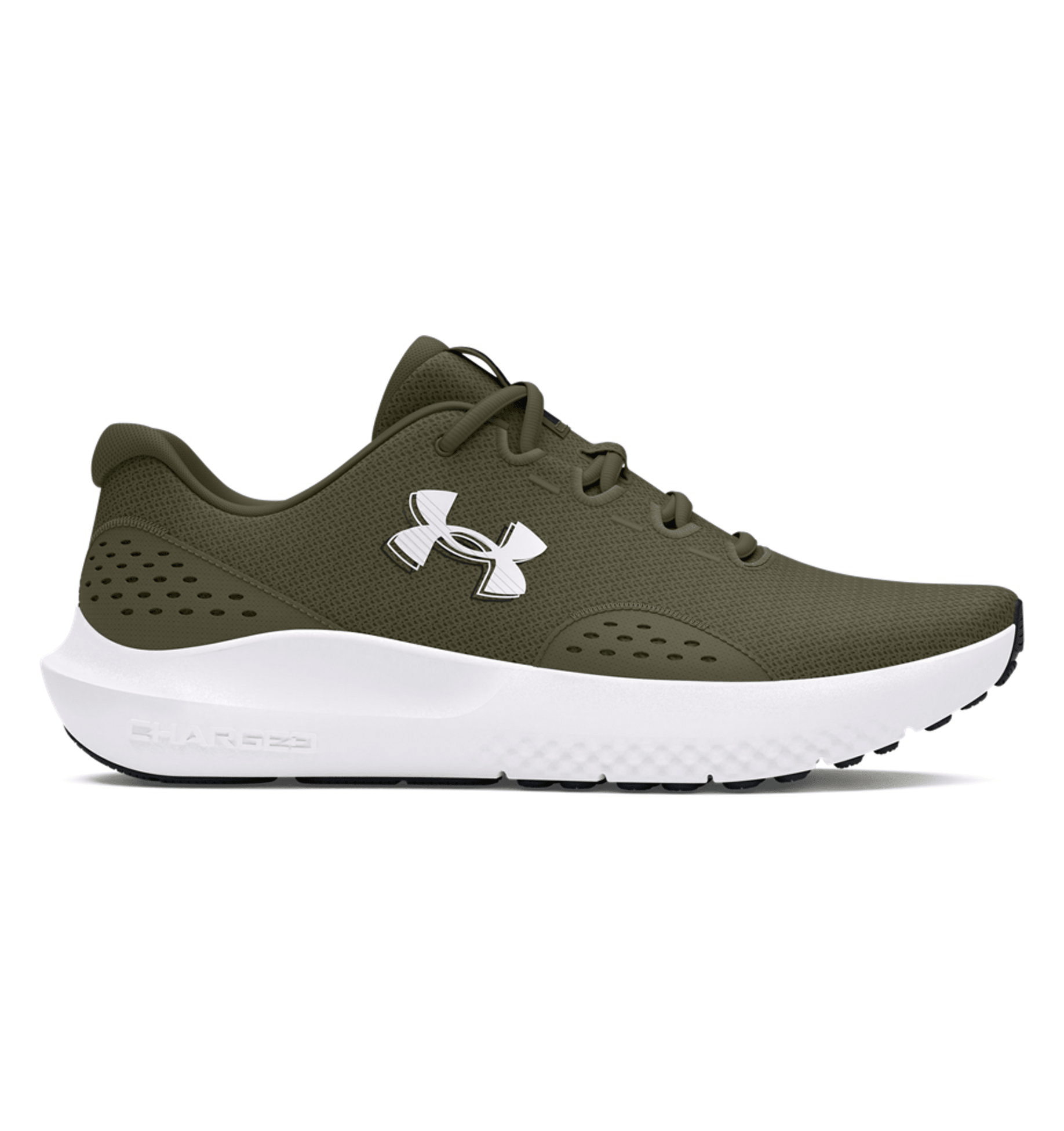Under Armour UA Surge 4 Running Shoes in olive green with breathable mesh upper and cushioned sole for comfort and support.