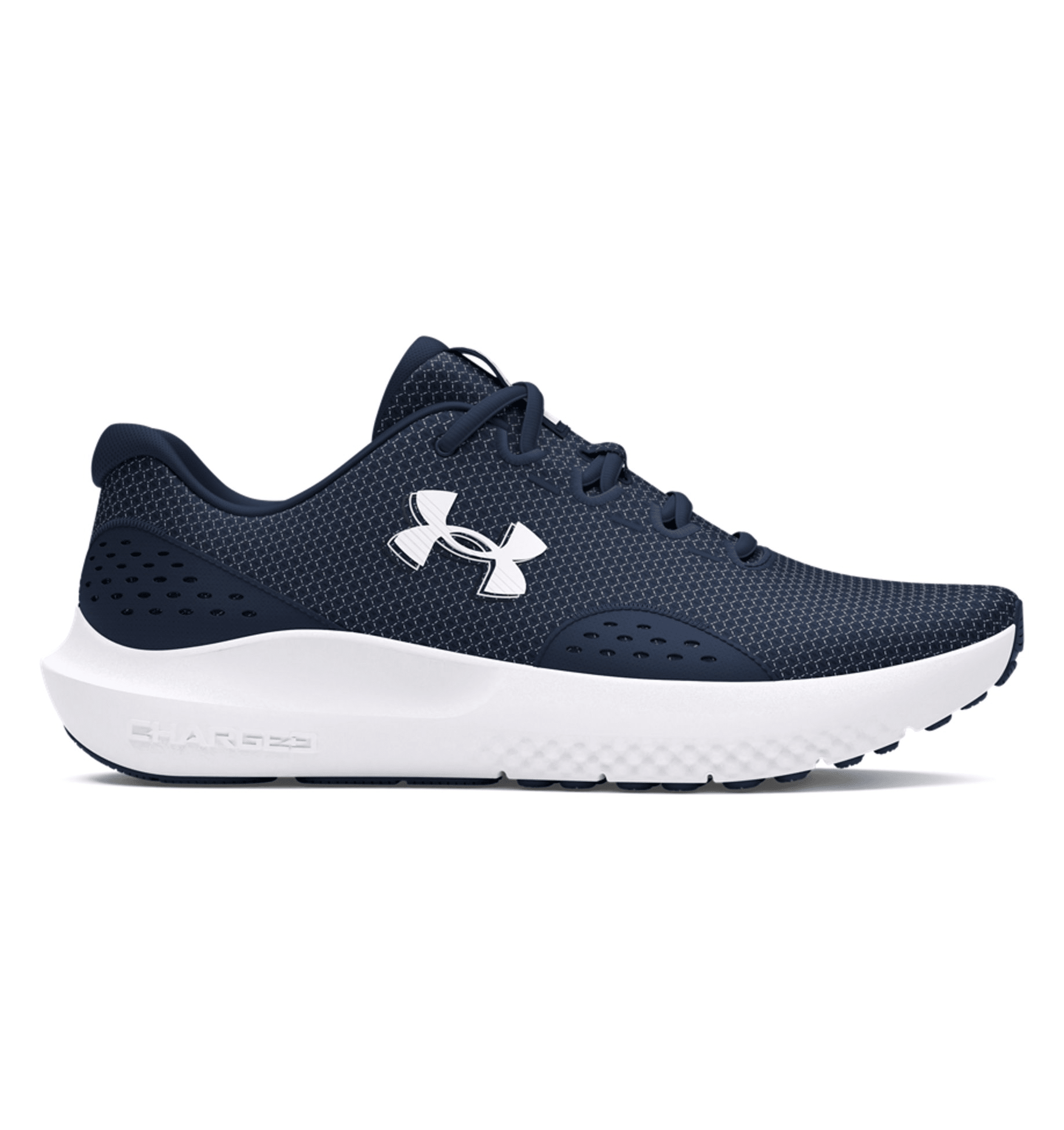 Under Armour UA Surge 4 Running Shoes in navy, featuring breathable mesh upper and cushioned sole for comfort and support.