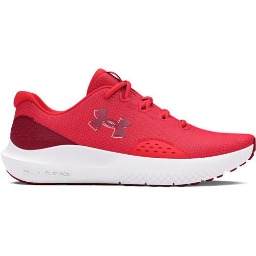 Under Armour UA Surge 4 Running Shoes in vibrant red, featuring breathable mesh and enhanced cushioning for comfort.