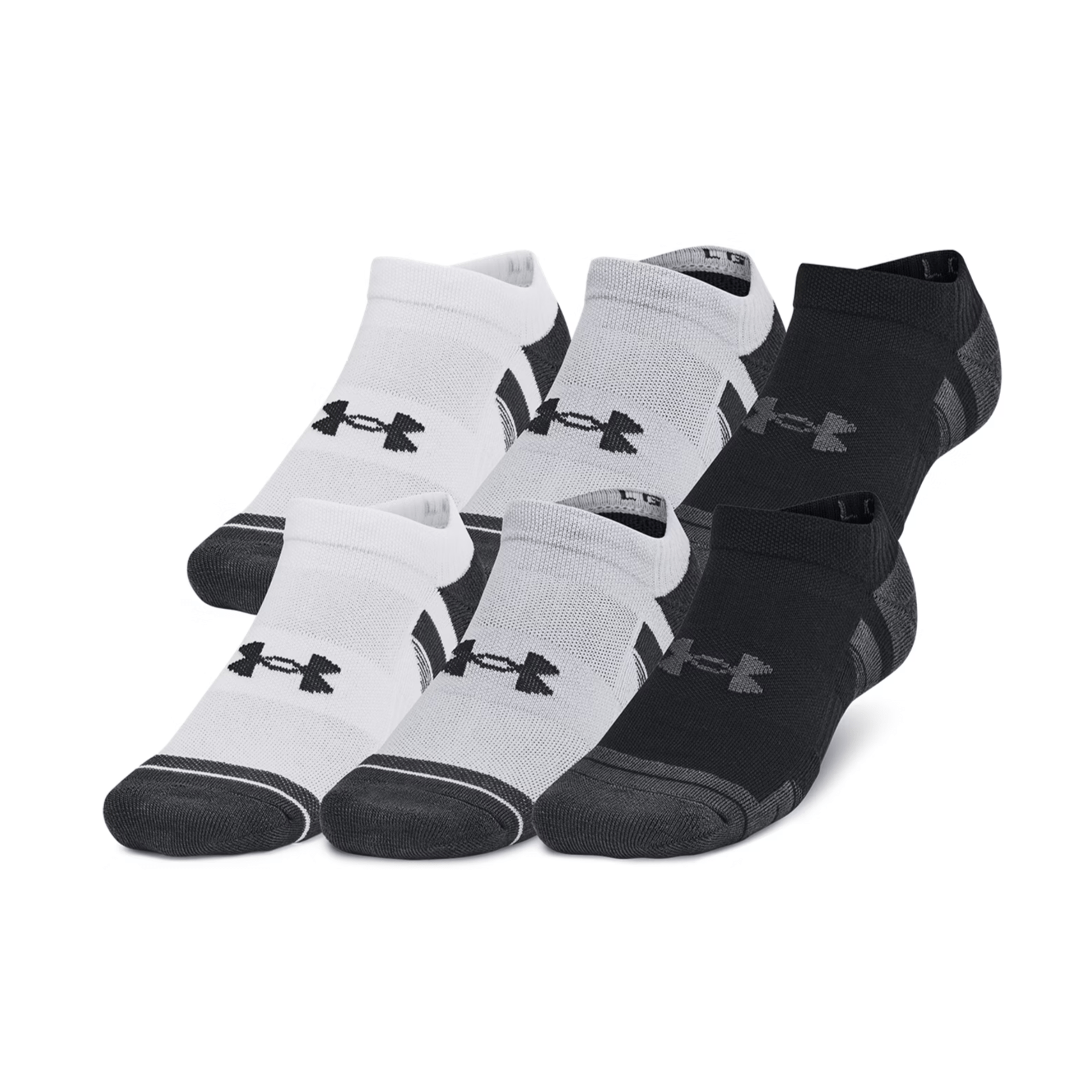 Under Armour Unisex Performance Tech 6-Pack No-Show Athletic Socks displayed in a neat arrangement