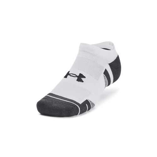 Under Armour UA Performance Tech No Show Sock in white and black, designed for comfort and a secure fit.