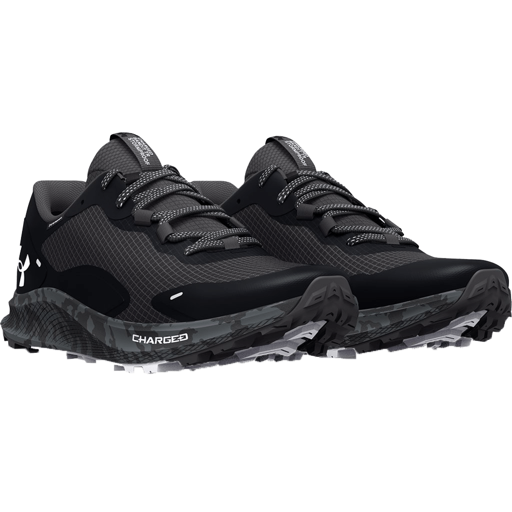 Under Armour Women’s Charged Bandit Trail 2 Storm Running Shoes, 3024763, black with white logo and black-gray camo sole