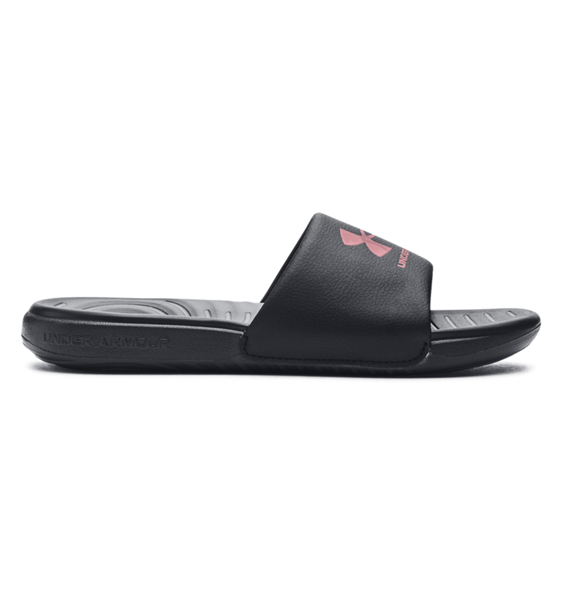 Under Armour Women's UA Ansa Fixed Slides in black with a comfortable fixed strap and EVA footbed for cushioning.